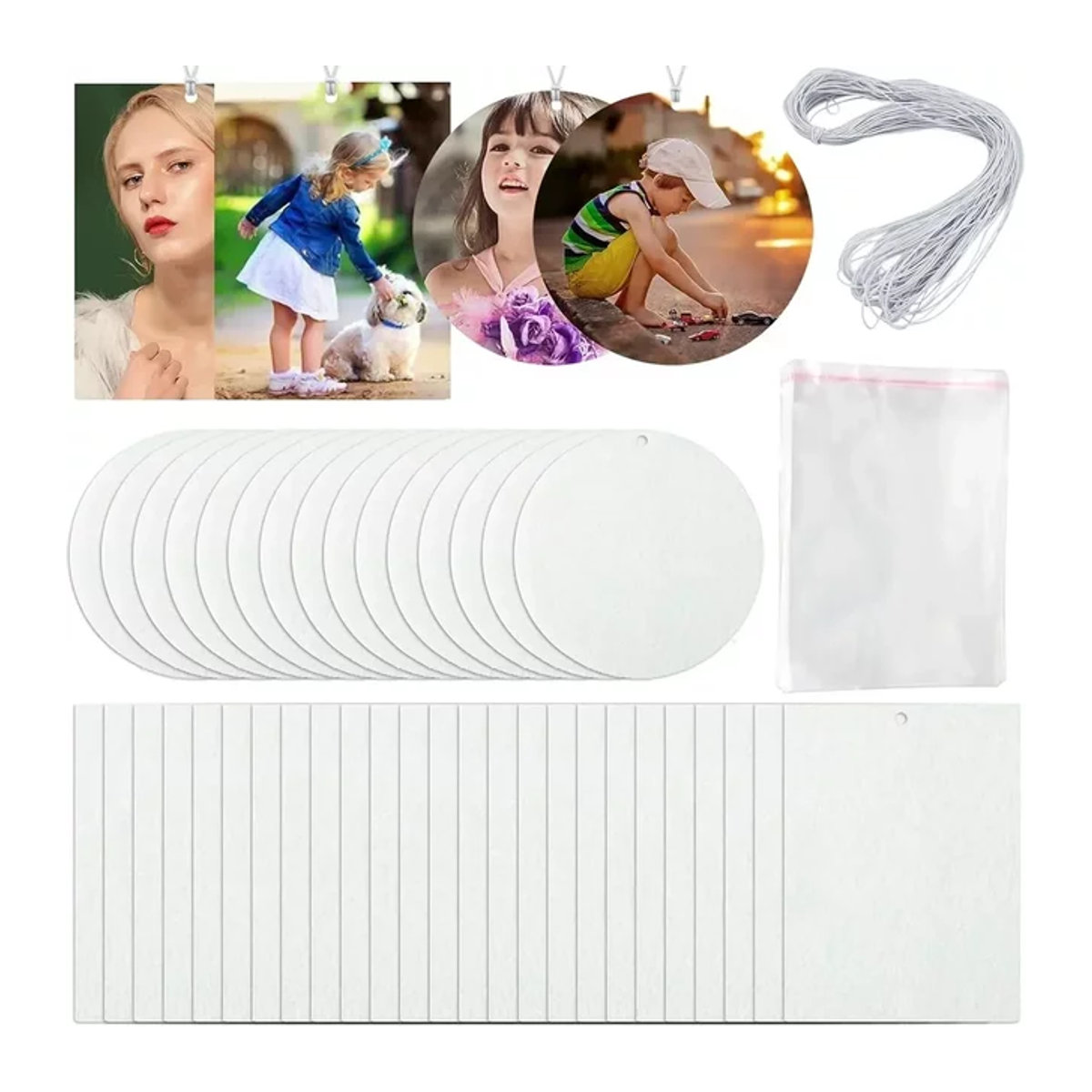 30/50-teiliges Sublimations-Lufterfrischer-Set aus weißem Kunststoff mit runden Rohlingen und elastischer Schnur zum DIY-Gestalten - Bild 1