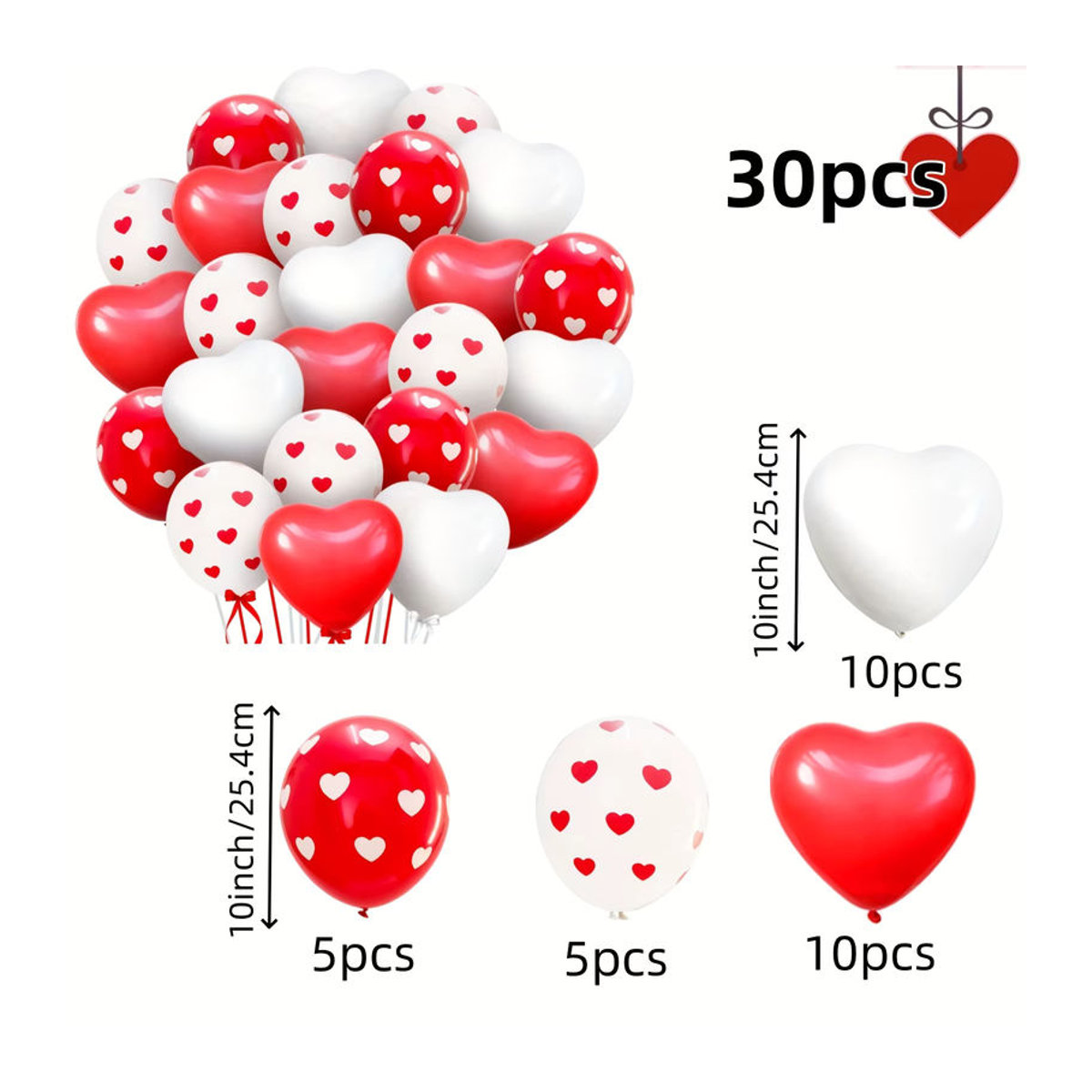 30 herzförmige Latexballons in Rot und Weiß für Valentinstag, Hochzeit und Geburtstag - Bild 2