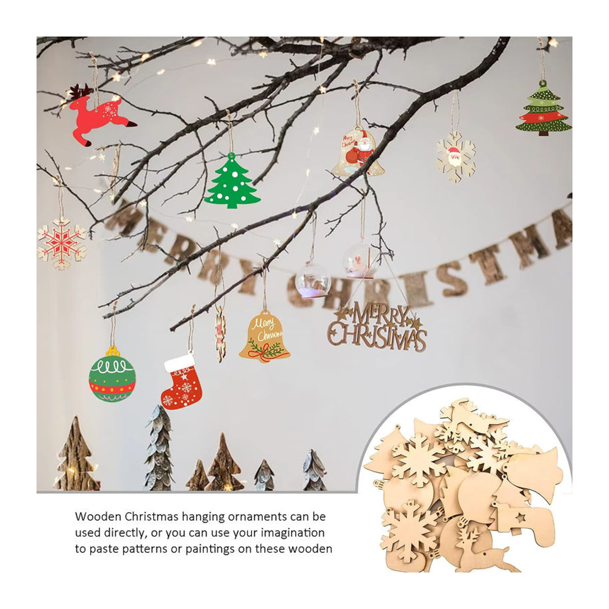 30 Stück Weihnachtsbaumschmuck aus Holz in braun und mehrfarbig mit 6 Formen wie Rentier, Glocke und Sternen für skandinavische Dekorationen - Bild 3