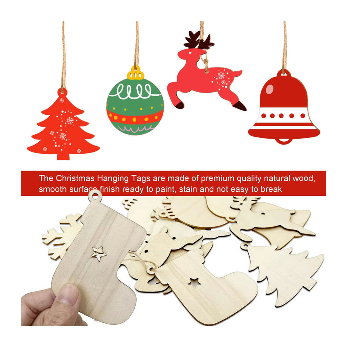30 Stück Weihnachtsbaumschmuck aus Holz in braun und mehrfarbig mit 6 Formen wie Rentier, Glocke und Sternen für skandinavische Dekorationen - Bild 4