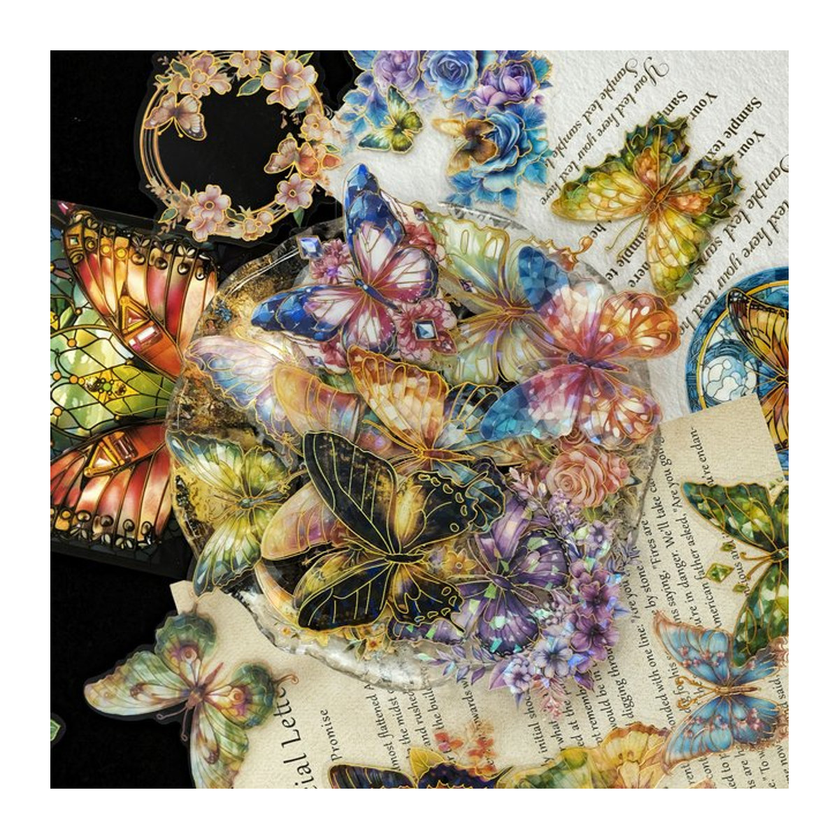 30 Stück YIIMANNER Schmetterlingsblumen Aufkleber aus Kunststoff in Gold und Mehrfarbig für DIY Dekorationen - Bild 1