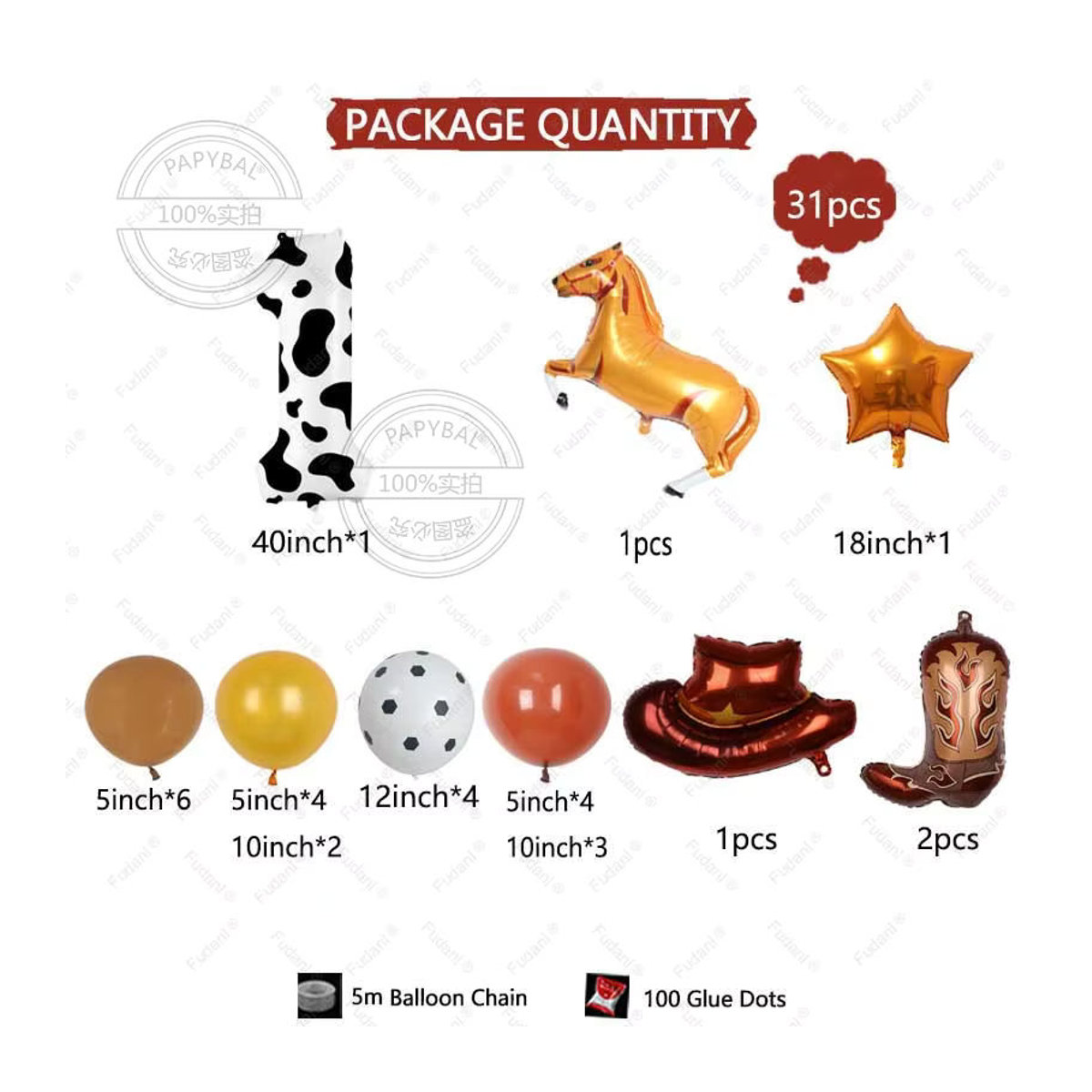 31-teiliges Cowboy Party Ballon Set mit Kuhprint in Braun und Mehrfarbig für Kindergeburtstage und rustikale Tier-Dekoration aus Latex - Bild 2