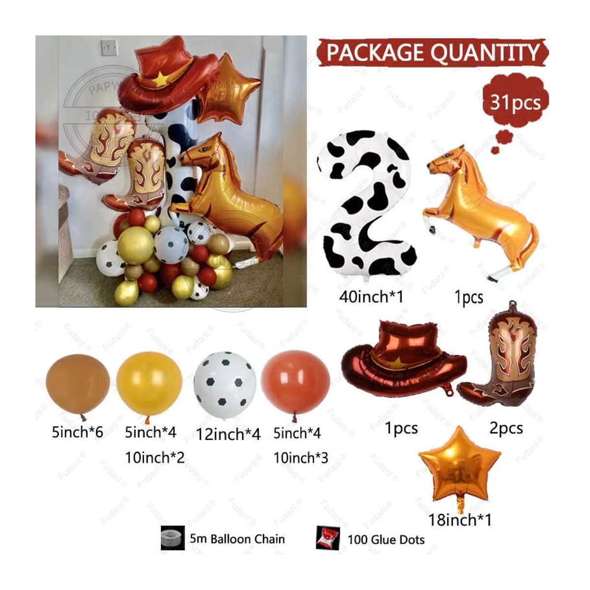31-teiliges Cowboy Party Ballon Set mit Kuhprint in Braun und Mehrfarbig für Kindergeburtstage und rustikale Tier-Dekoration aus Latex - Bild 3