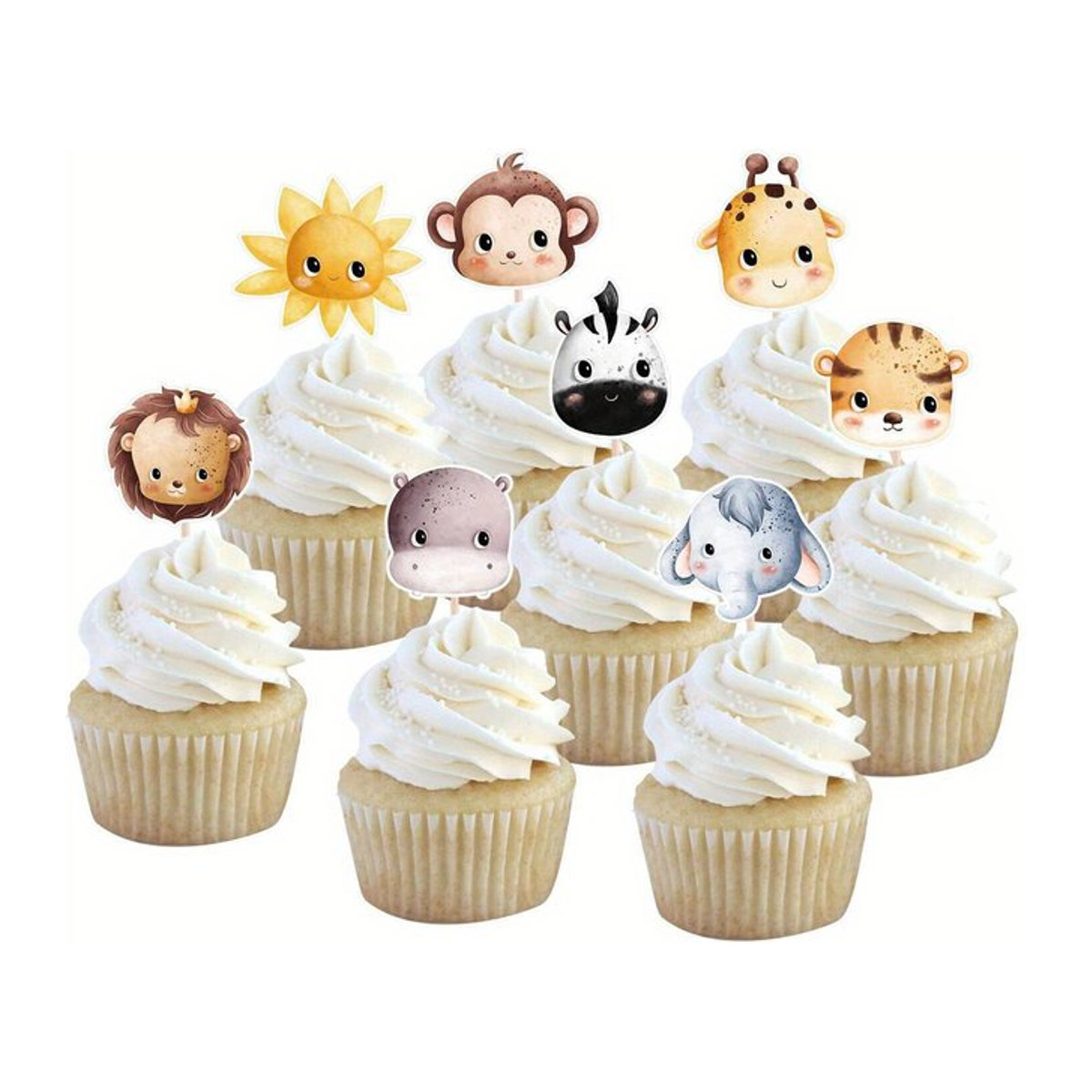 32 Stück Wildtier Cupcake Topper mit Elefant und Affe aus Papier und Bambus für Kinder Dschungel Wald Geburtstag Party Dekoration in Mehrfarbig - Bild 1