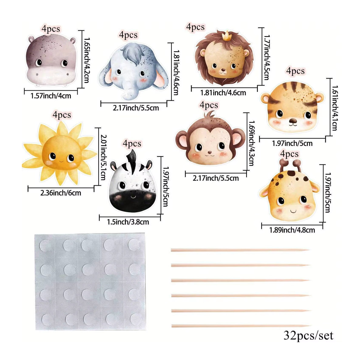 32 Stück Wildtier Cupcake Topper mit Elefant und Affe aus Papier und Bambus für Kinder Dschungel Wald Geburtstag Party Dekoration in Mehrfarbig - Bild 2