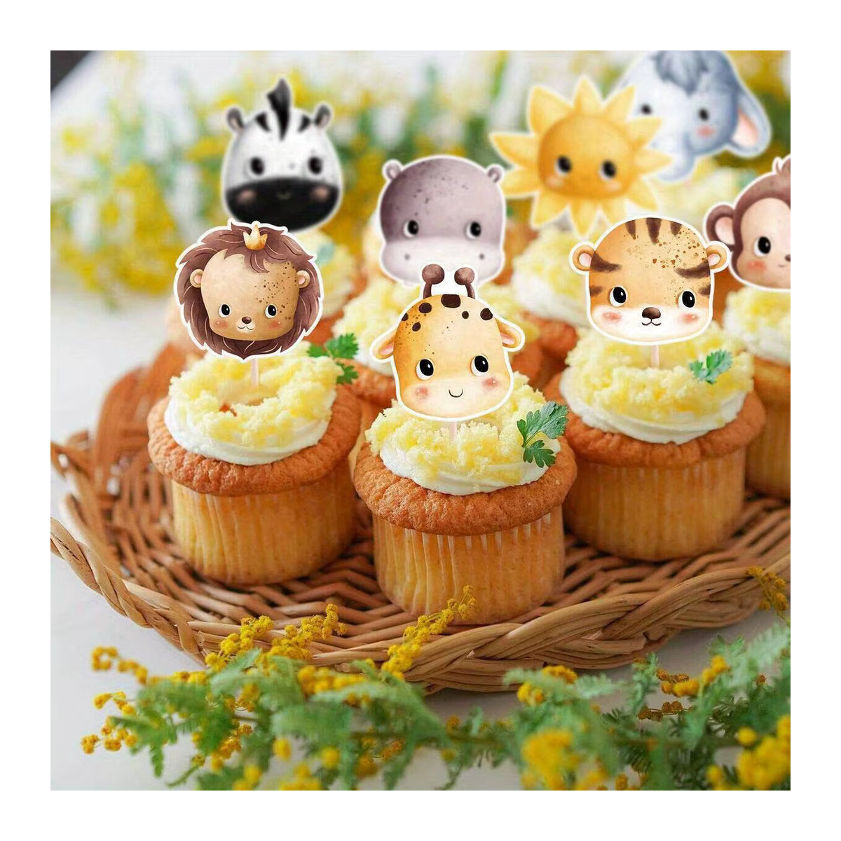 32 Stück Wildtier Cupcake Topper mit Elefant und Affe aus Papier und Bambus für Kinder Dschungel Wald Geburtstag Party Dekoration in Mehrfarbig - Bild 3