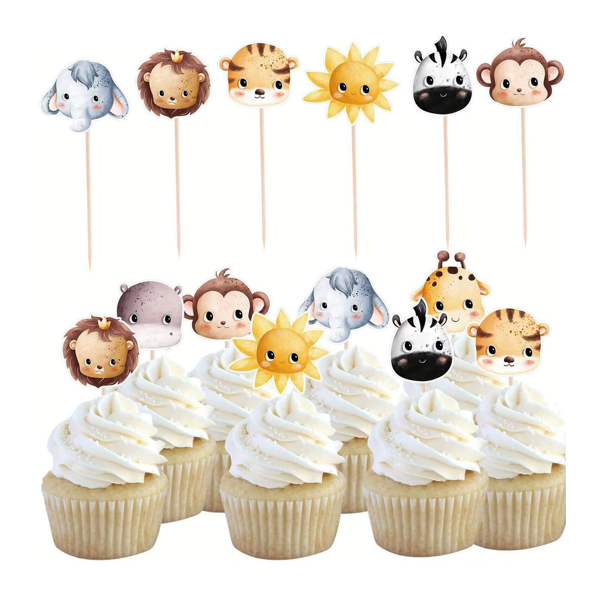32 Stück Wildtier Cupcake Topper mit Elefant und Affe aus Papier und Bambus für Kinder Dschungel Wald Geburtstag Party Dekoration in Mehrfarbig - Bild 4