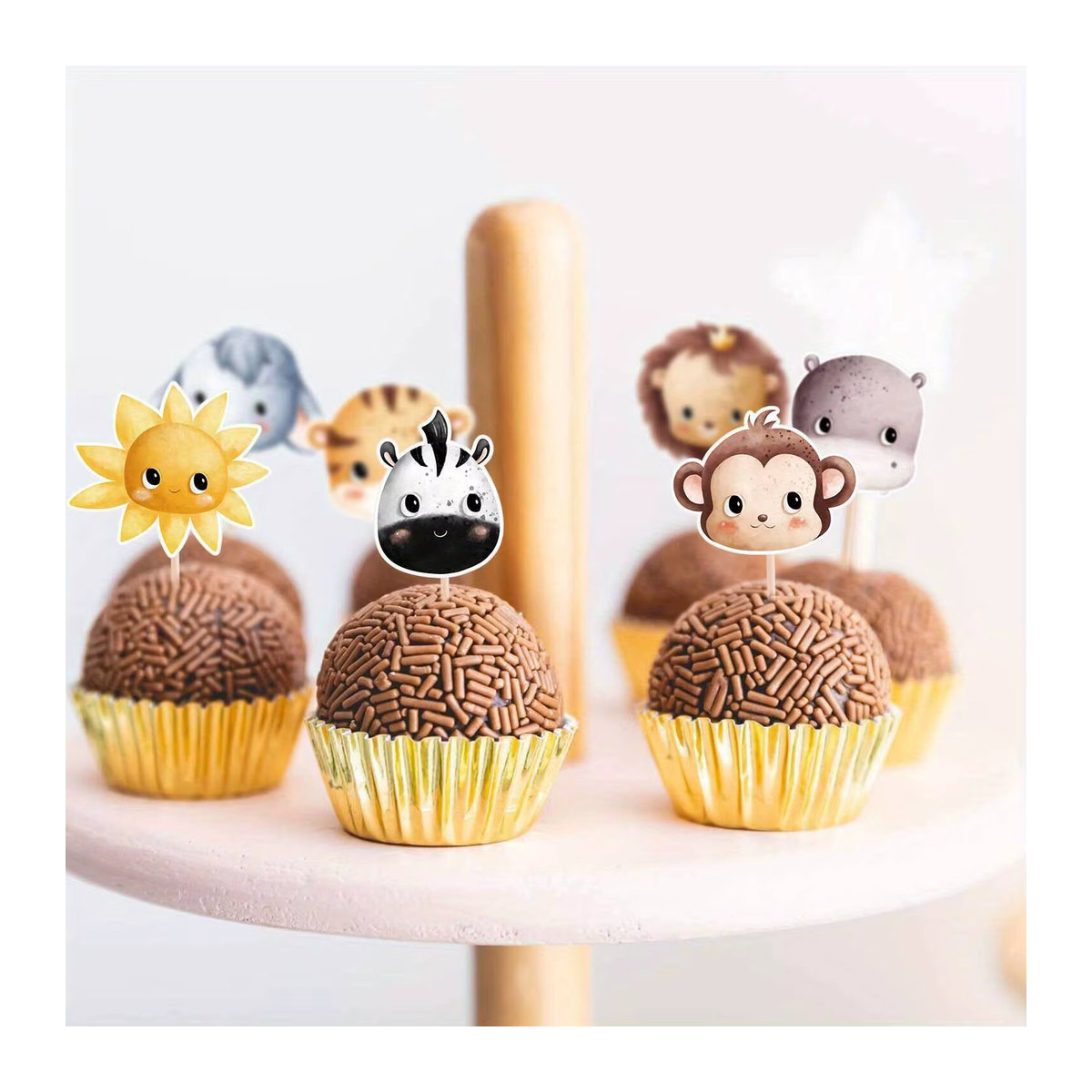 32 Stück Wildtier Cupcake Topper mit Elefant und Affe aus Papier und Bambus für Kinder Dschungel Wald Geburtstag Party Dekoration in Mehrfarbig - Bild 5