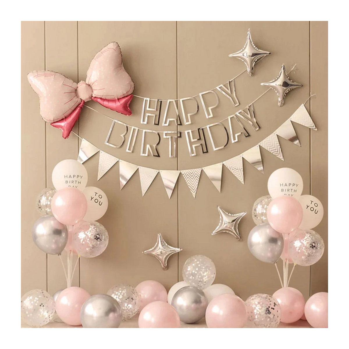 36-teiliges Geburtstag-Party-Set mit Ballons und Papierflaggen in Rosa und Silber - Bild 1