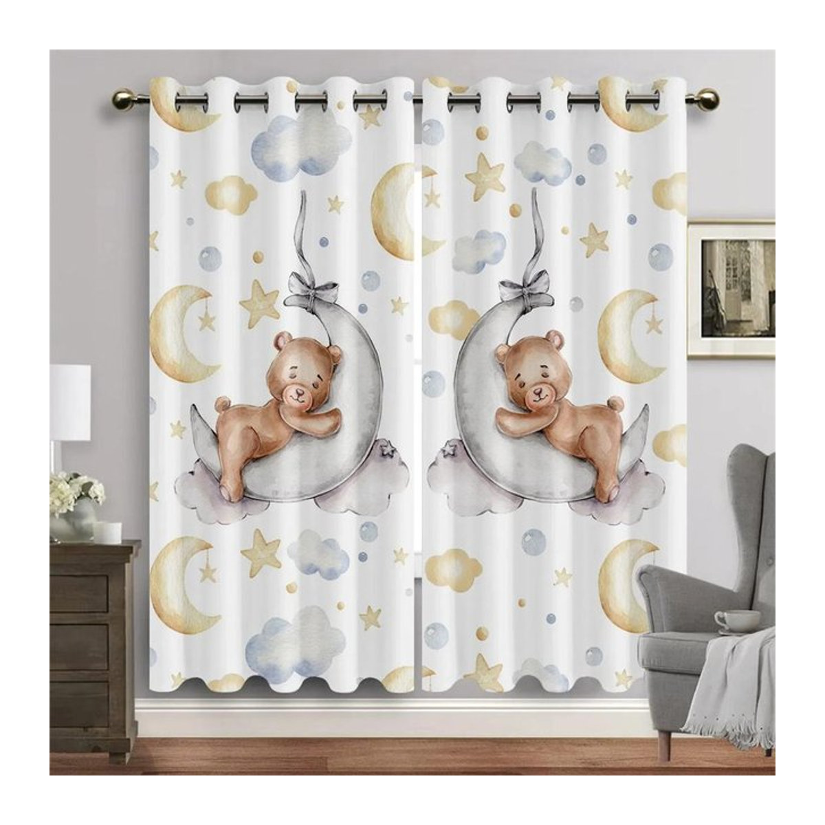 3D-Fenstervorhang mit Cartoon-Tieren und Aquarell-Motiv von A Family Of Home Textiles in Weiß, Breite: 135 cm, Höhe: 185 cm - Bild 1