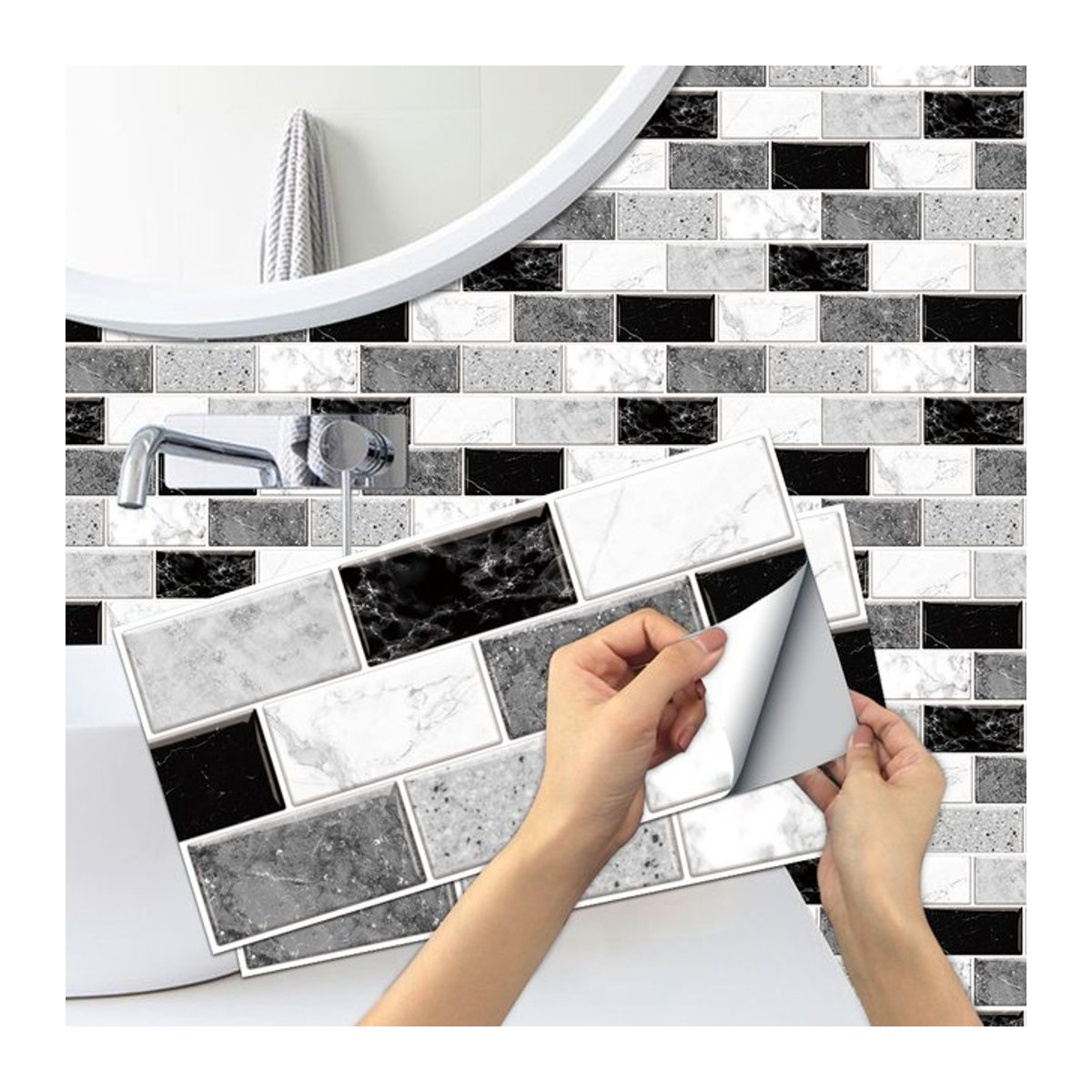 3D-Fliesenaufkleber mit Marmormuster in Weiß zur Wandmontage, moderne und abnehmbare Wanddekoration im rechteckigen Design - Bild 1