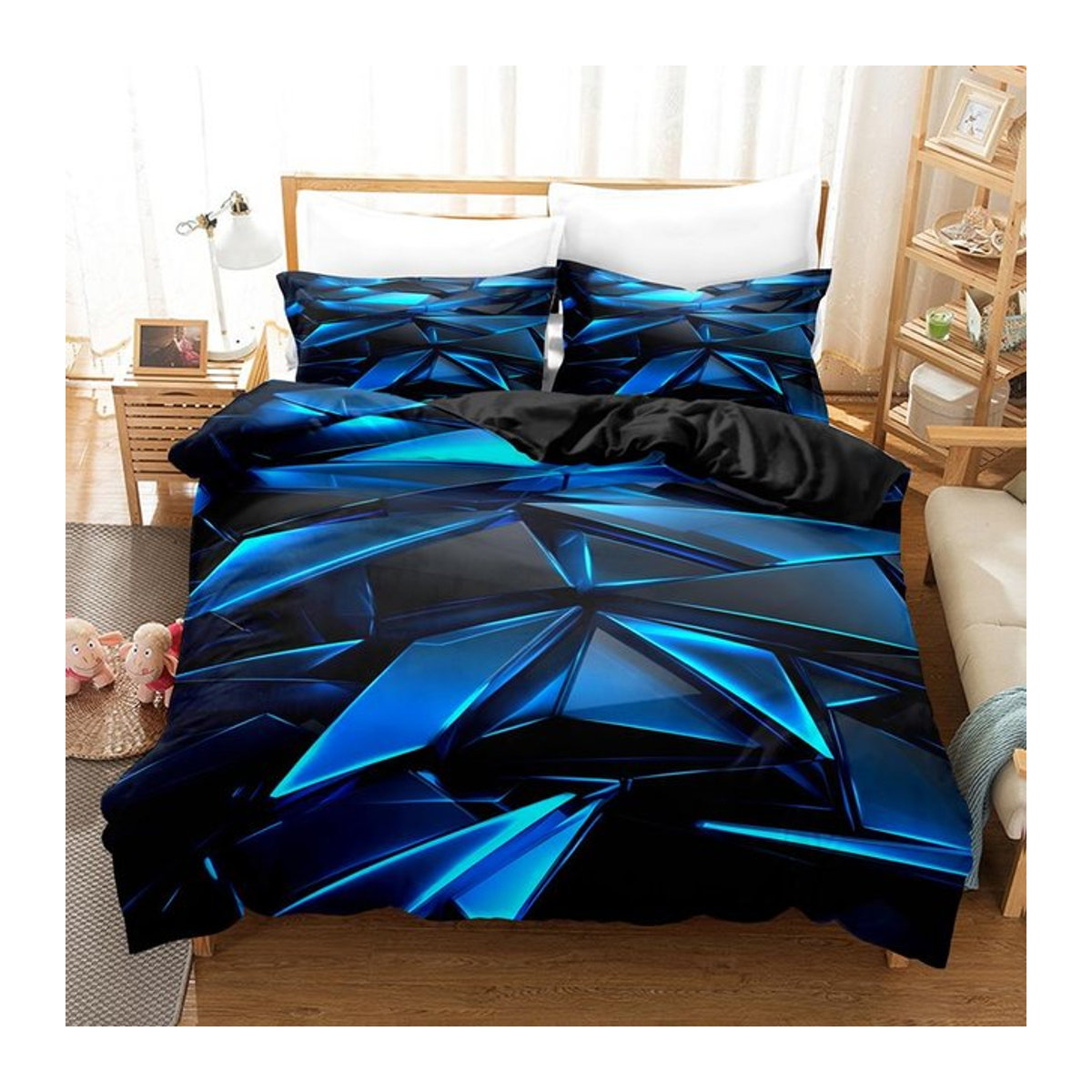 3D Geometrisches Bettwäsche-Set von Binchi Fitness in Blau und Schwarz mit Reißverschluss, B/H: 135 x 200 cm - Bild 1