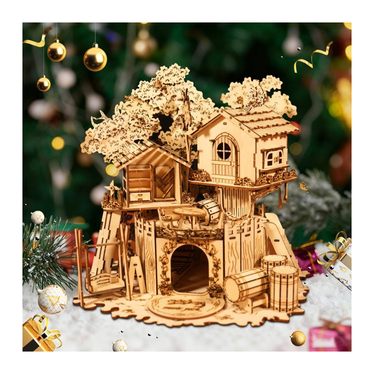 3D-Holzpuzzle Baumhaus von music park als handgefertigtes Landhaus-Modellbau-Set in Braun - Bild 1