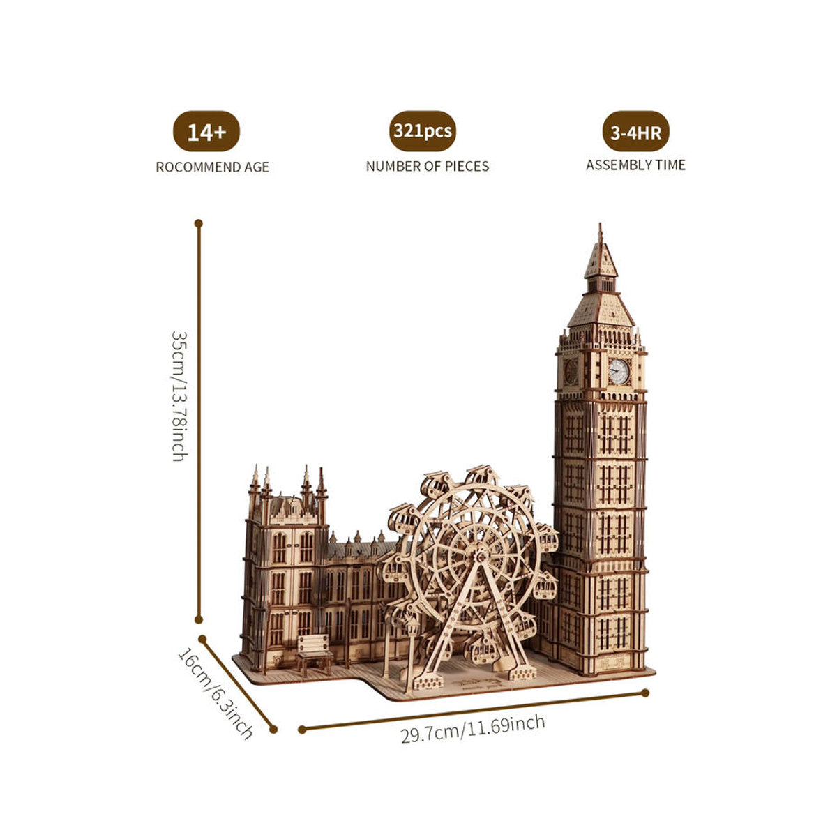 3D Holzpuzzle Big Ben Modellbausatz mit Desktop-Uhr von Music Park in Braun als kreatives DIY-Geschenk für Erwachsene - Bild 2
