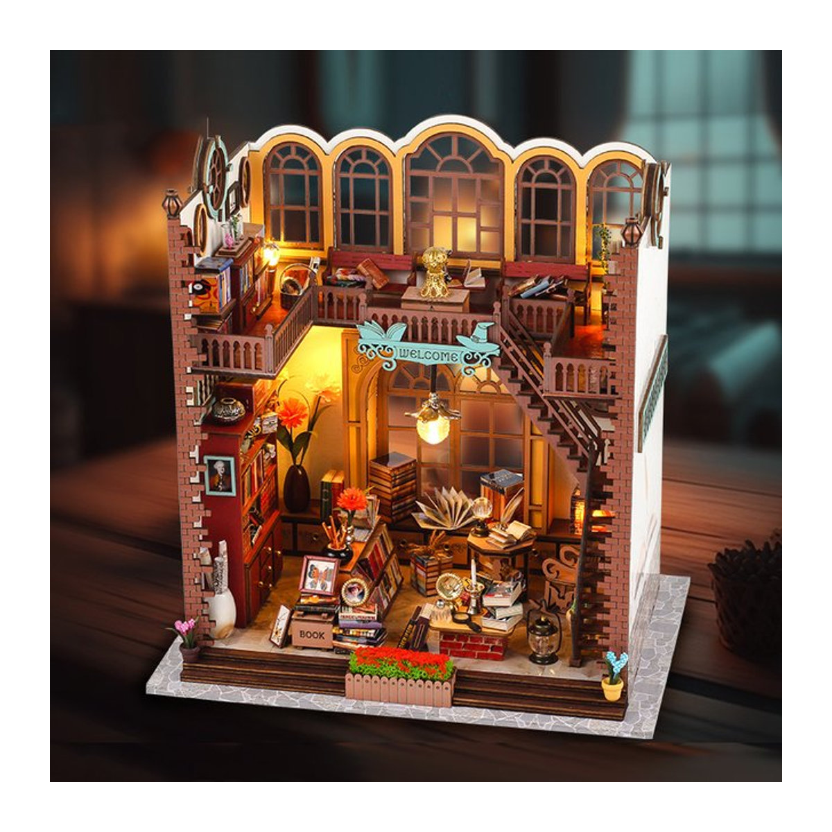 3D Magic Bookstore Holz DIY Puzzle Bausatz mit Lichtern, Vintage Modellgebäude zur Desktop Dekoration, Mehrfarbig - Bild 1