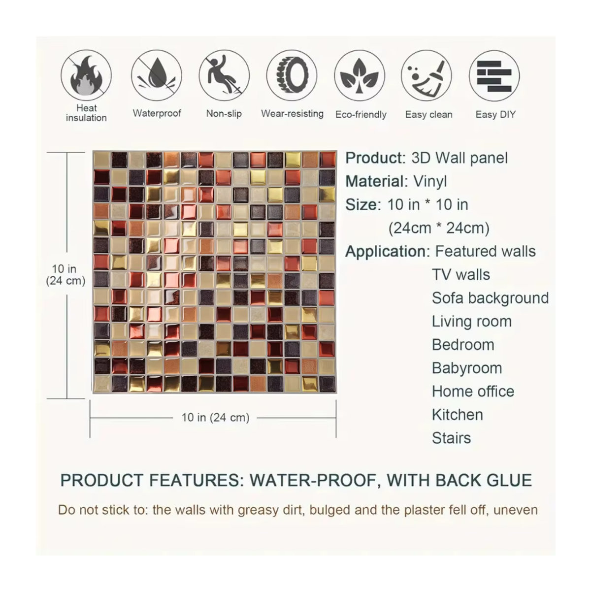 3D Mosaik Fliesenaufkleber in Gold, selbstklebende geometrische Wandaufkleber aus Kunststoff, wasserdicht und ölbeständig für deine Raumdekoration - Bild 2