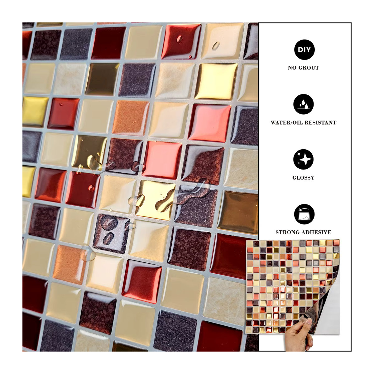 3D Mosaik Fliesenaufkleber in Gold, selbstklebende geometrische Wandaufkleber aus Kunststoff, wasserdicht und ölbeständig für deine Raumdekoration - Bild 6