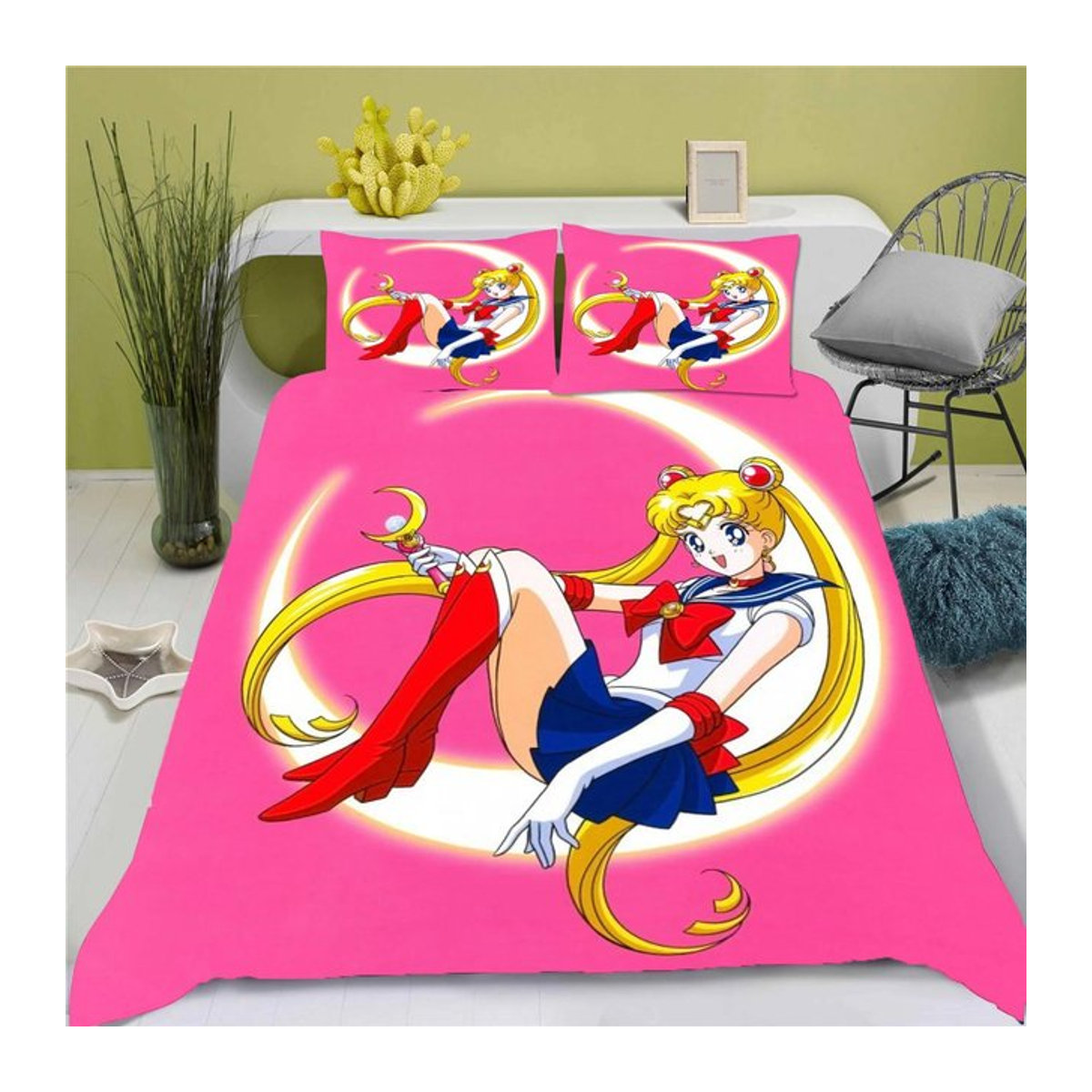 3D Sailor Moon Anime Bettwäscheset aus 100% Polyester in Rosa, 3-teiliges Set für Kinder und Erwachsene, Bettbezug Breite: 220 cm, Höhe: 240 cm - Bild 1