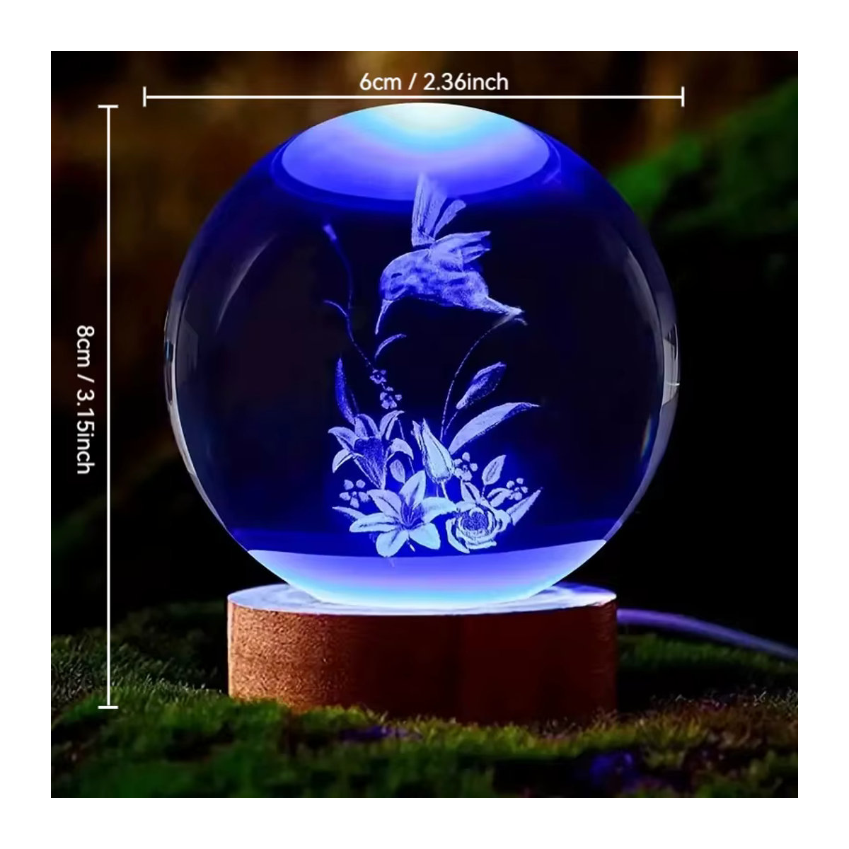 3D Vogel Kristallkugel mit LED-Nachtlicht und bunter Holzbasis, blau und mehrfarbig - Bild 1