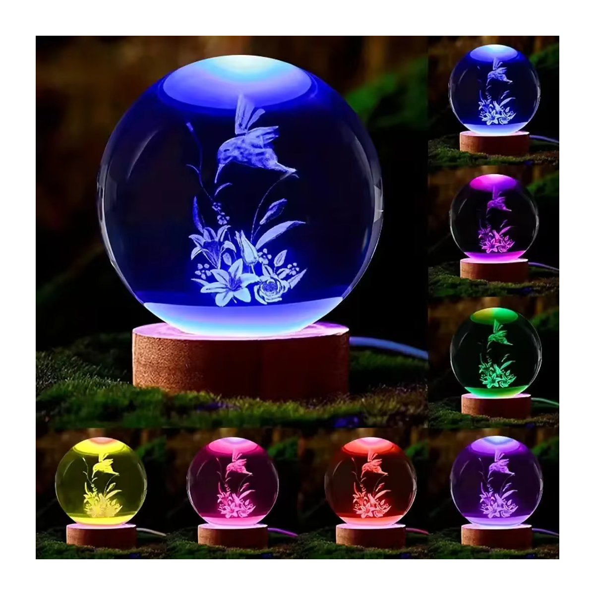 3D Vogel Kristallkugel mit LED-Nachtlicht und bunter Holzbasis, blau und mehrfarbig - Bild 2