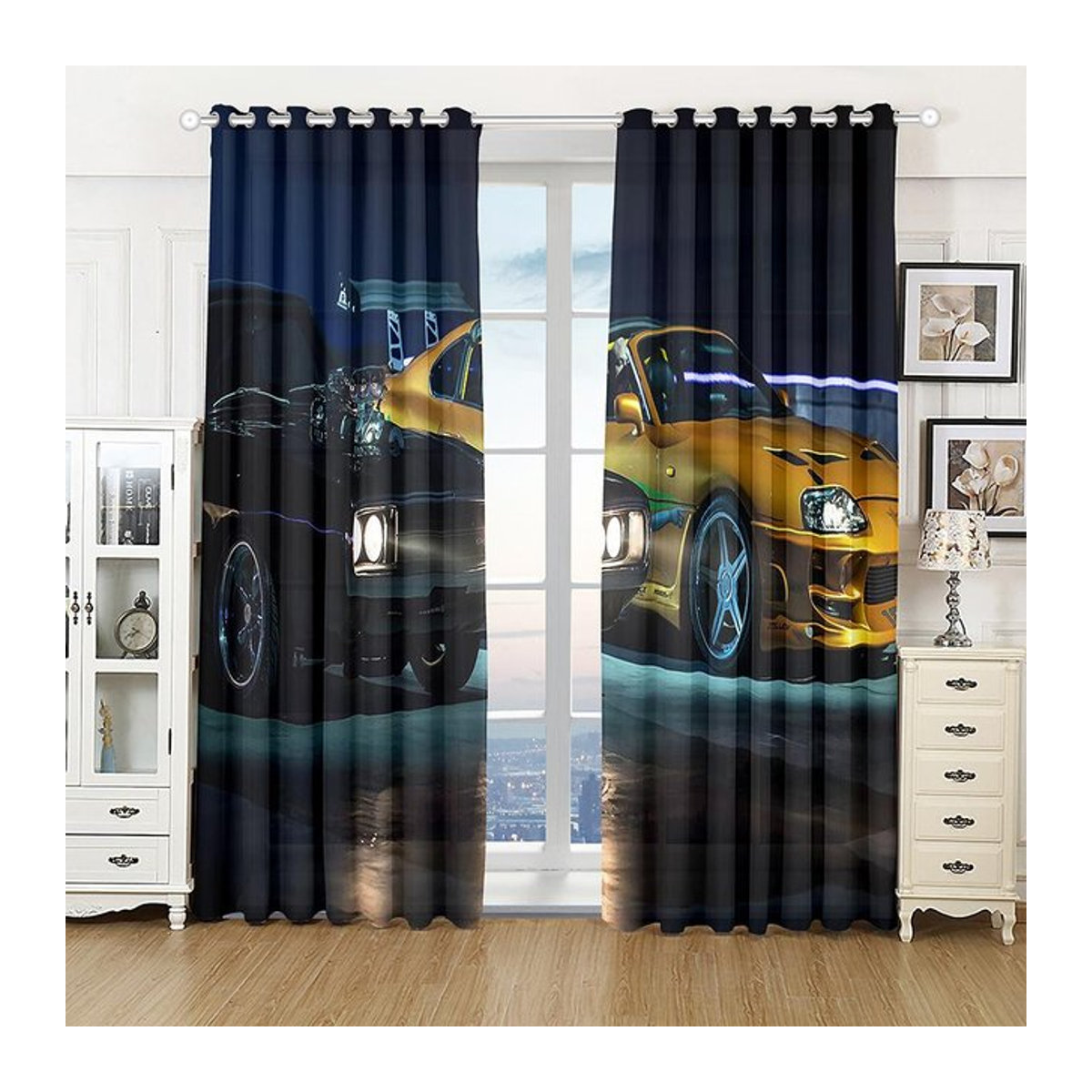 3D-Vorhang mit Rennauto-Motiv von A Family Of Home Textiles, mehrfarbig, semi-transparent, B: 200 cm, H: 240 cm - Bild 1