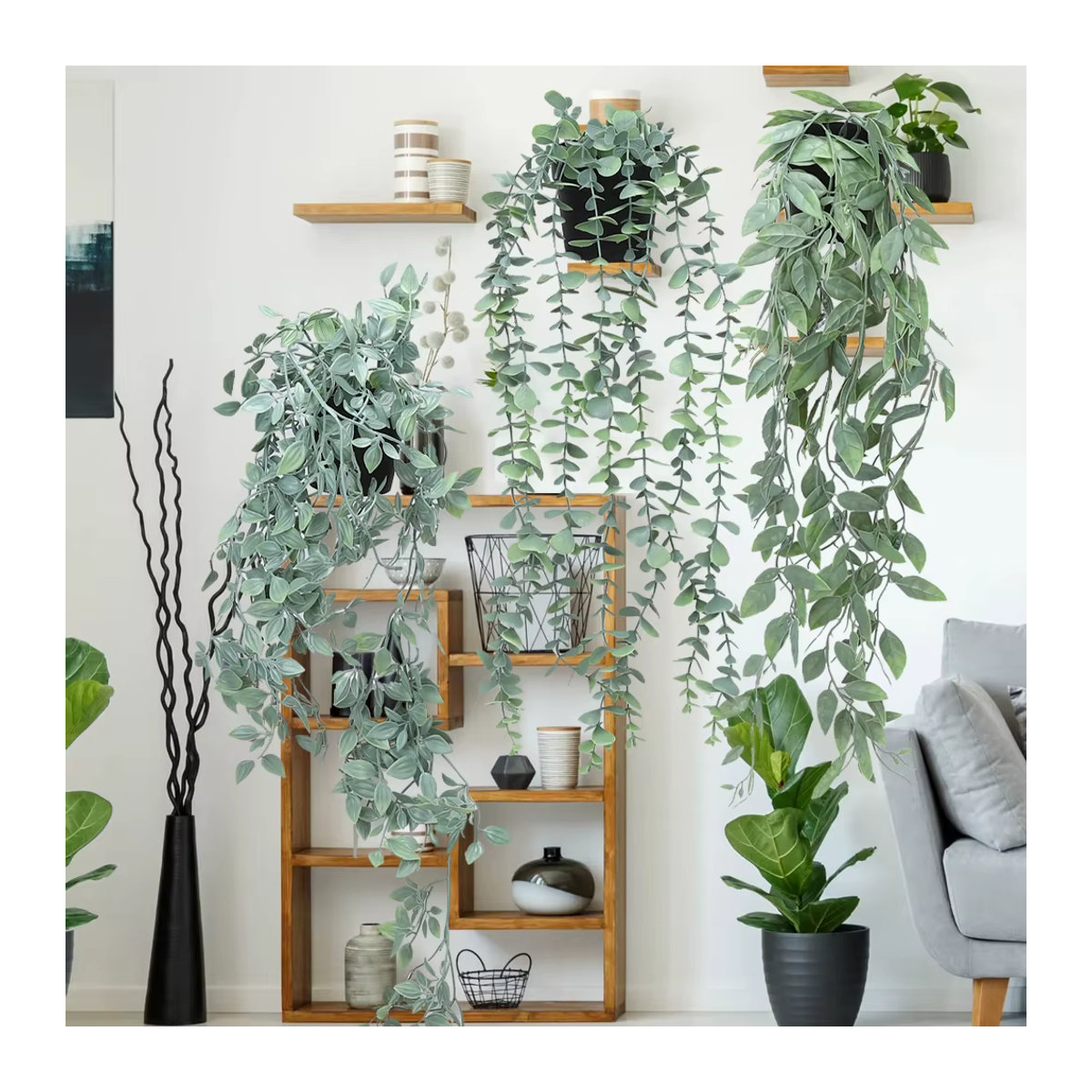 3er-Pack HiMISS künstliche Eucalyptus-Hängepflanzen in Grün mit Topf für Innen und Außen - Bild 2