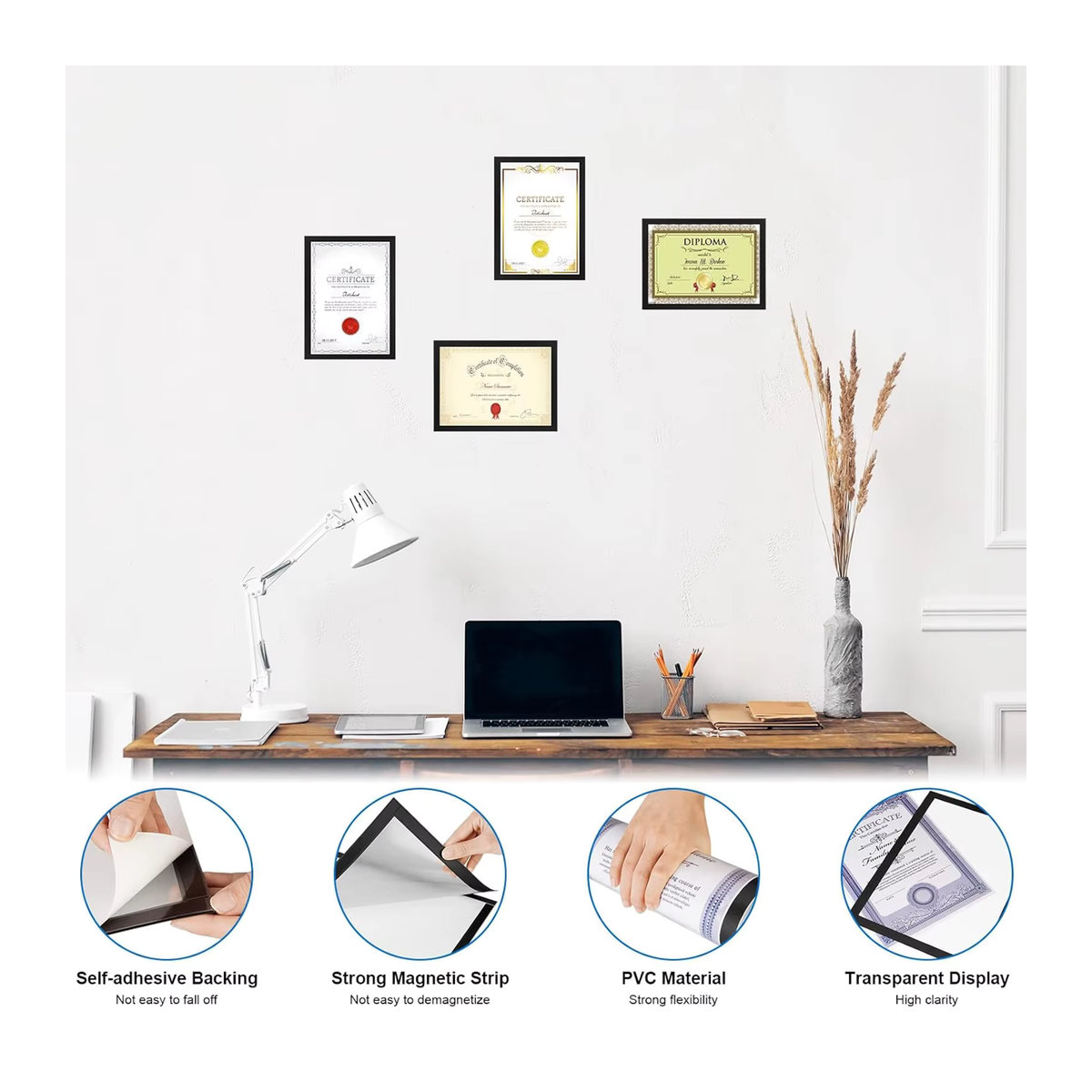 3er-Pack magnetische A4-Rahmen aus Kunststoff in Schwarz für die Wandmontage, selbstklebende Dokumentenhalter für Poster und Zertifikate - Bild 6