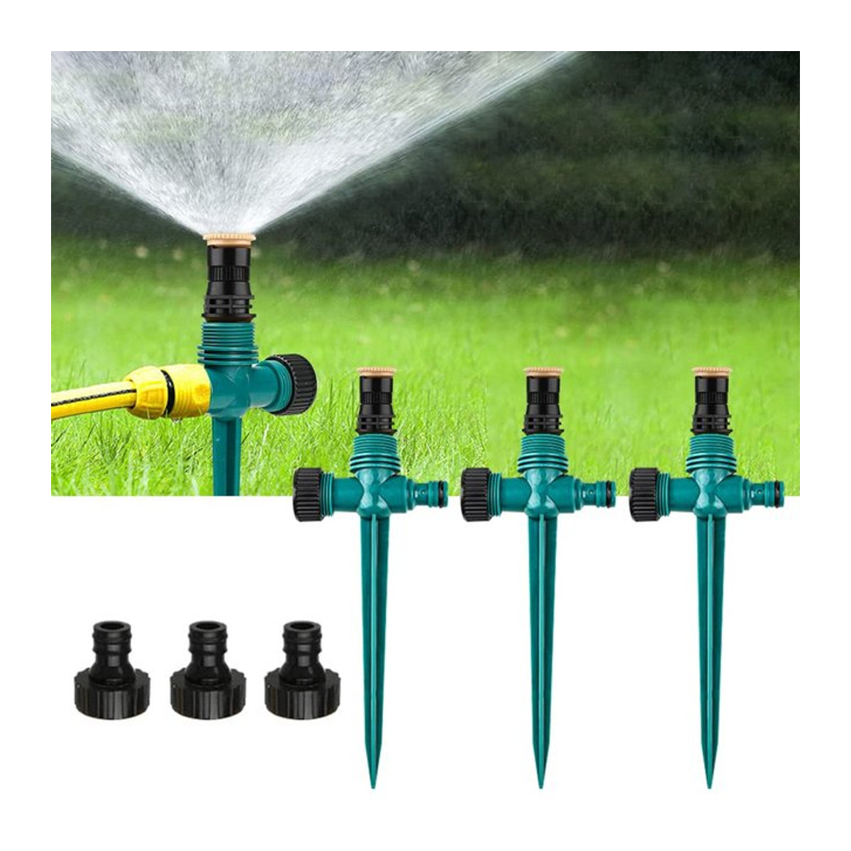 3er-Pack Rotierende Gartensprinkler in Grün – Verstellbare Wassersprühgeräte für Rasen und Pflanzen als Automatisches Bewässerungssystem - Bild 1