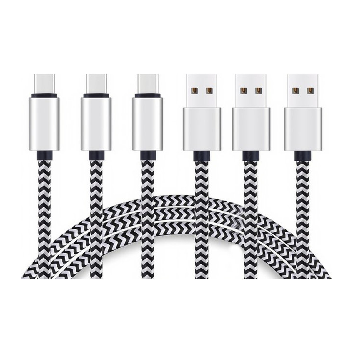 3er-Pack USB-Typ-C-Kabel aus geflochtenem Nylon mit Aluminium-Anschluss für schnelles Laden und Synchronisierung, Schwarz/Weiß - Bild 1