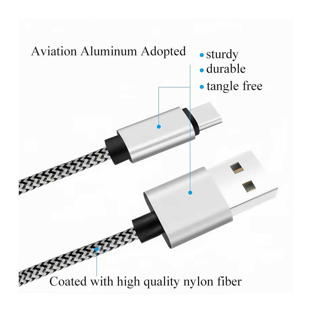3er-Pack USB-Typ-C-Kabel aus geflochtenem Nylon mit Aluminium-Anschluss für schnelles Laden und Synchronisierung, Schwarz/Weiß - Bild 2
