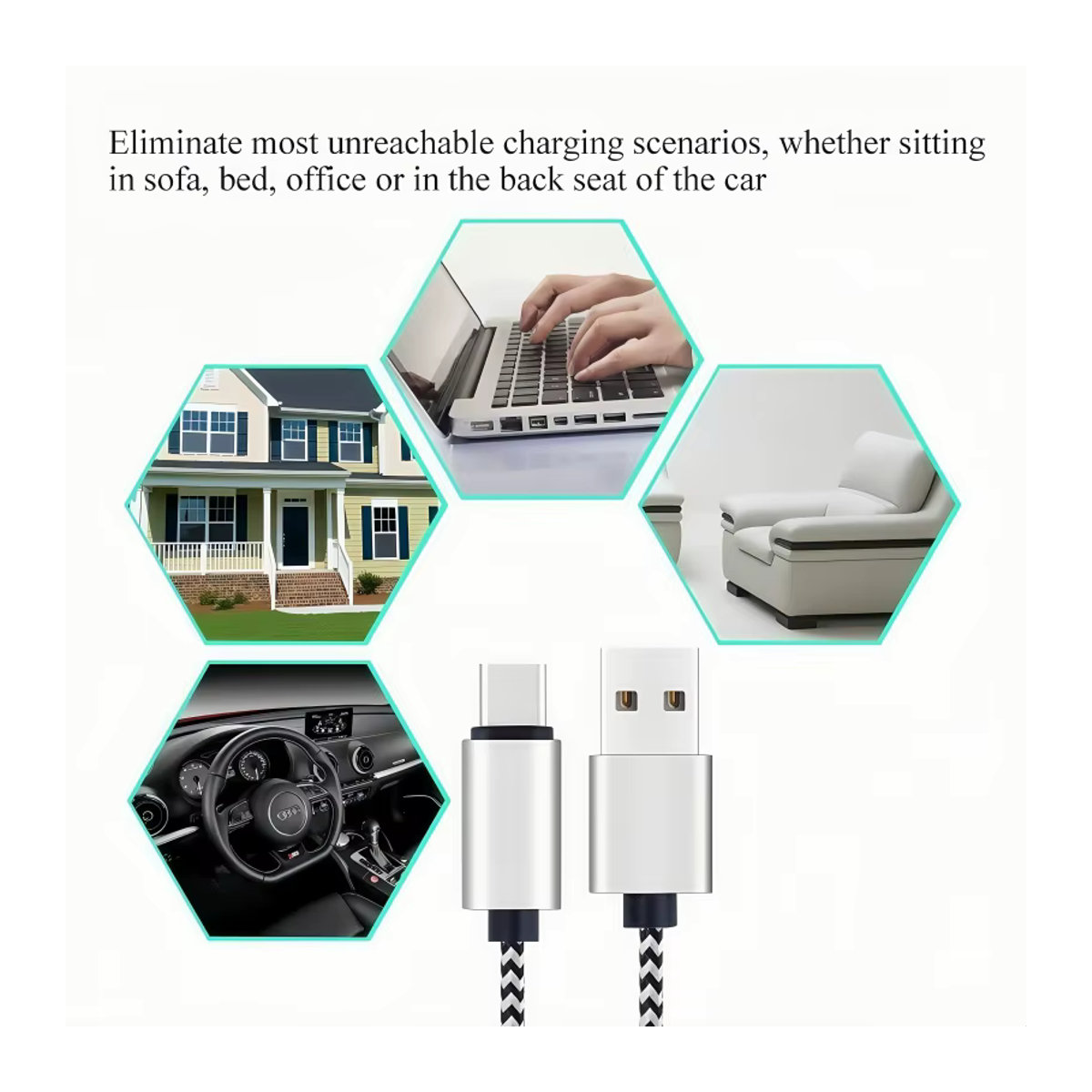 3er-Pack USB-Typ-C-Kabel aus geflochtenem Nylon mit Aluminium-Anschluss für schnelles Laden und Synchronisierung, Schwarz/Weiß - Bild 5