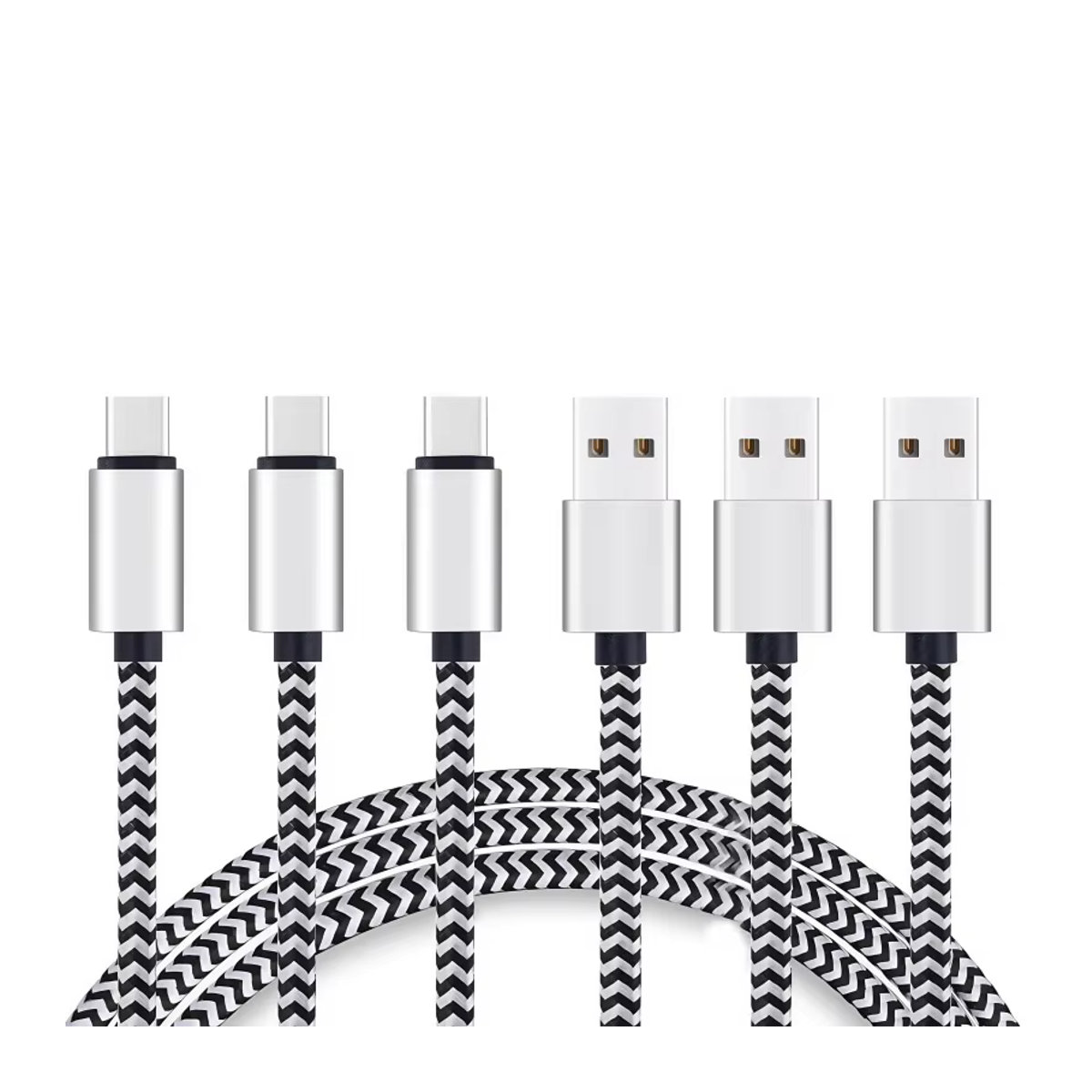 3er-Pack USB-Typ-C-Kabel aus geflochtenem Nylon mit Aluminium-Anschluss für schnelles Laden und Synchronisierung, Schwarz/Weiß - Bild 6