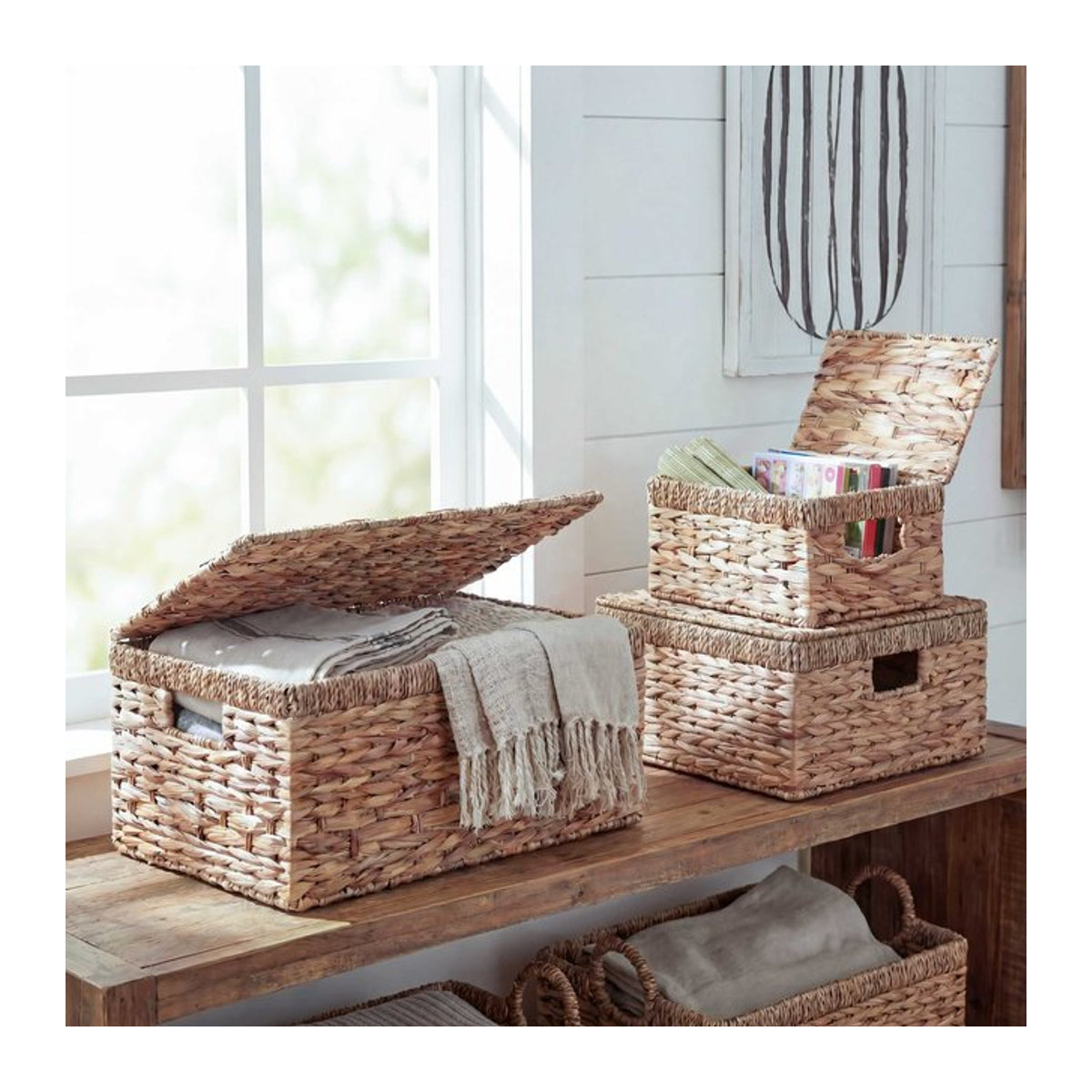 3er Set Aufbewahrungsboxen MCW aus Wasserhyazinthe und Rattan in Natur und Braun mit Deckel - Bild 1