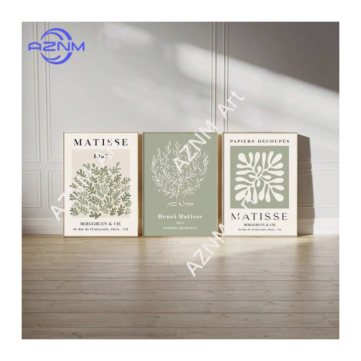 3er-Set AZNM Matisse Wandkunst Leinwand mit floralen Frühlingsblumen in Salbeigrün, Bohemian Wanddekoration im Hochformat - Bild 3