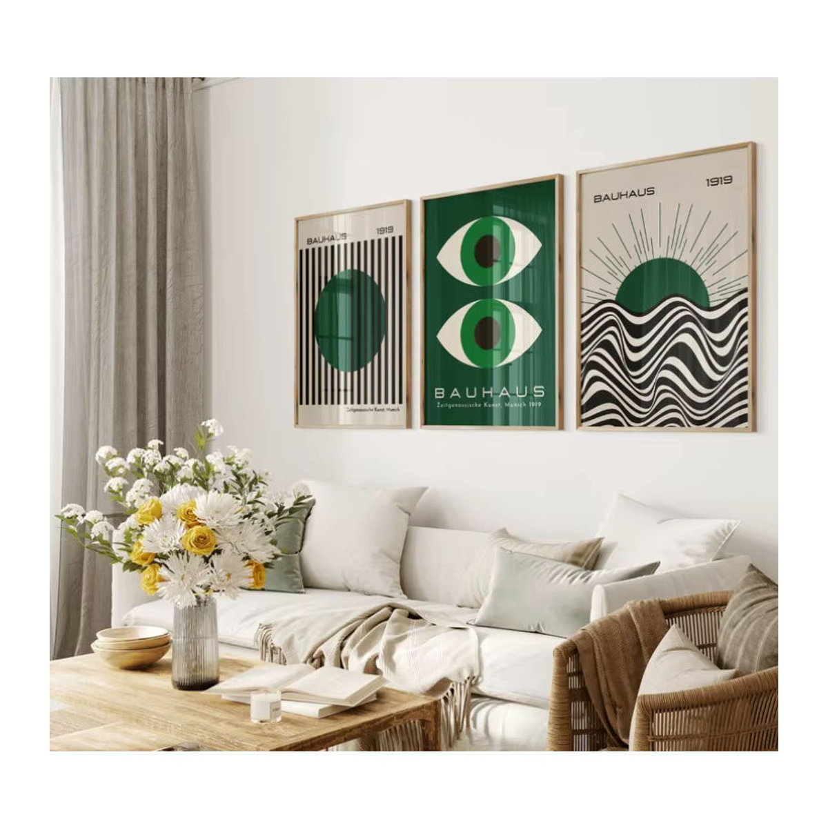 3er-Set Bauhaus Wandkunst aus Leinwand mit geometrischen und abstrakten Motiven in Dunkelgrün im Mid-Century Stil - Bild 2