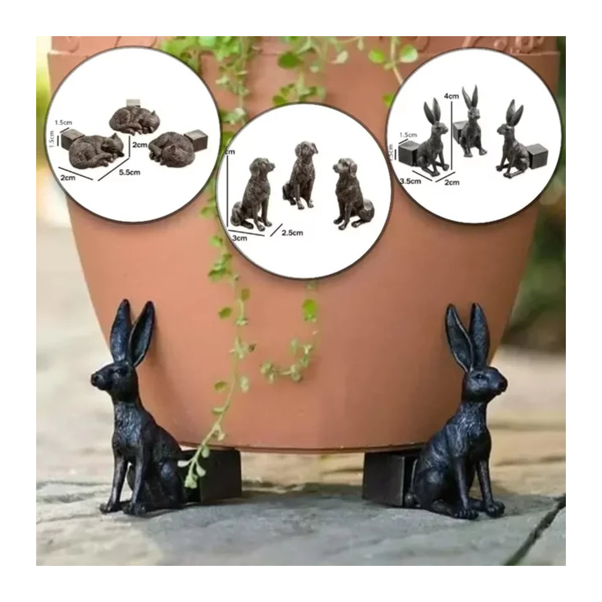 3er Set Blumentopf Füße aus Kunstharz in Tierform Katze Hund und Kaninchen in Schwarz für Garten und Outdoor - Bild 1