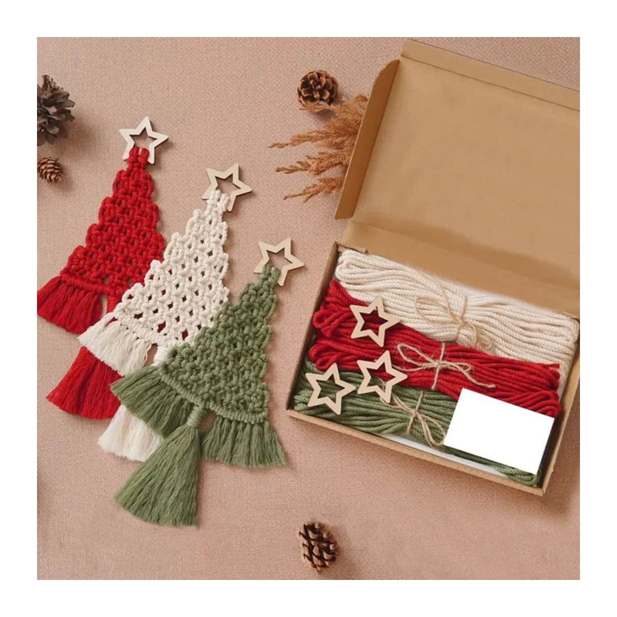 3er Set DIY Makramee Weihnachtsbaum Wandbehang aus Baumwolle im Bohemian Stil, mehrfarbig - Bild 1