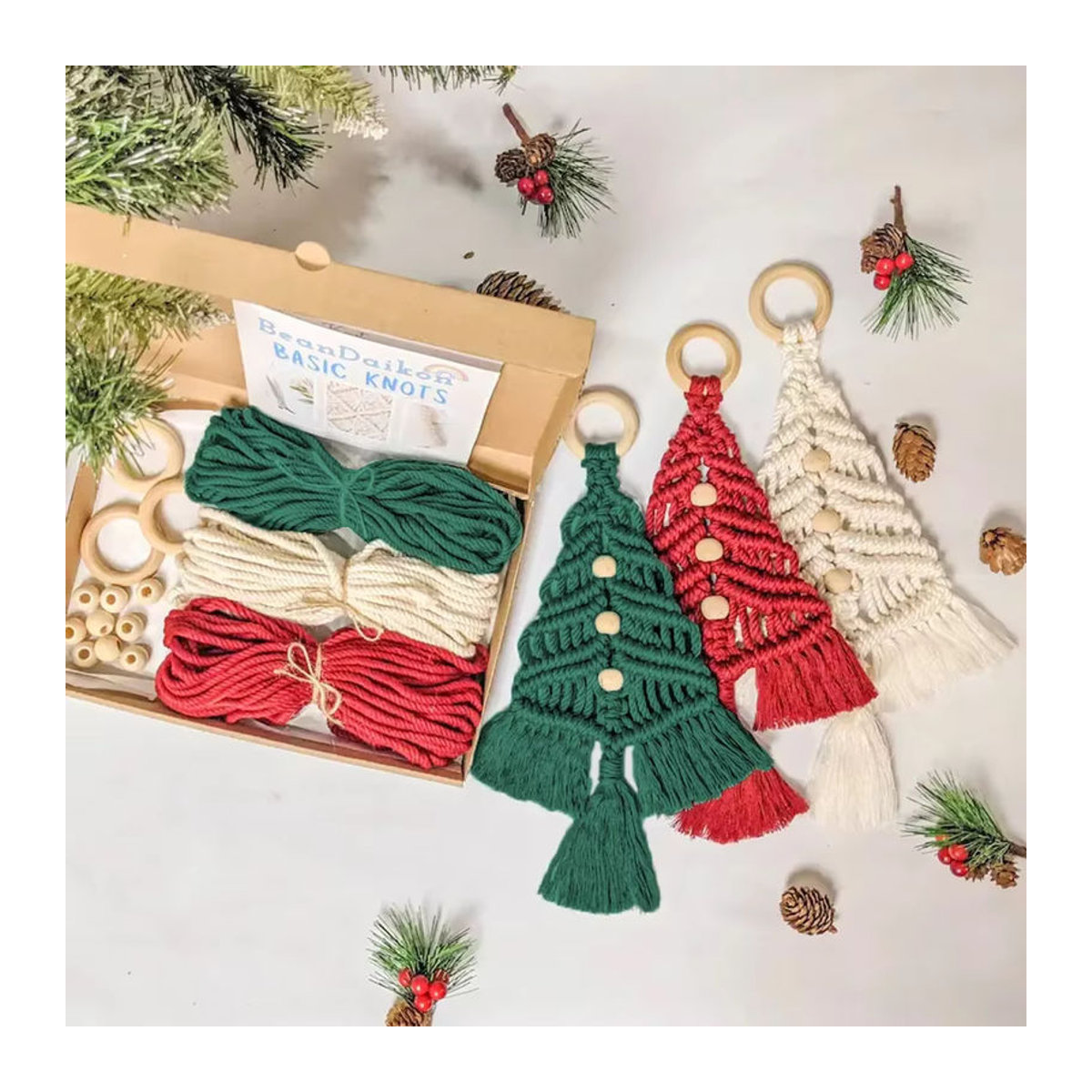 3er Set DIY Makramee Weihnachtsbaum Wandbehang aus Baumwolle im Bohemian Stil, mehrfarbig - Bild 2