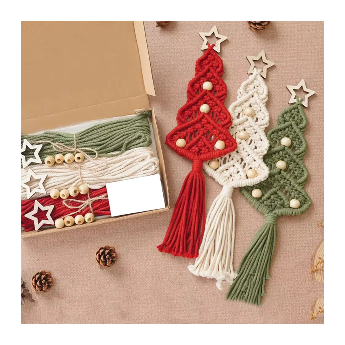 3er Set DIY Makramee Weihnachtsbaum Wandbehang aus Baumwolle im Bohemian Stil, mehrfarbig - Bild 3