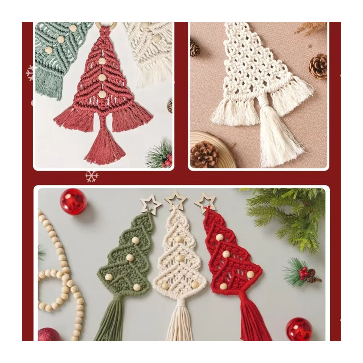 3er Set DIY Makramee Weihnachtsbaum Wandbehang aus Baumwolle im Bohemian Stil, mehrfarbig - Bild 5