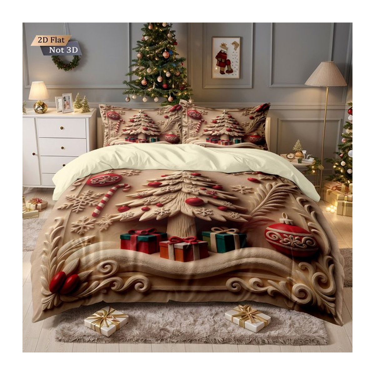 3er-Set Frohe Weihnachten Kissen mit Haus-Print in Beige für dein Schlafzimmer oder Wohnzimmer - Bild 1