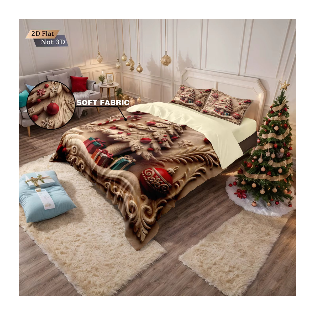 3er-Set Frohe Weihnachten Kissen mit Haus-Print in Beige für dein Schlafzimmer oder Wohnzimmer - Bild 4