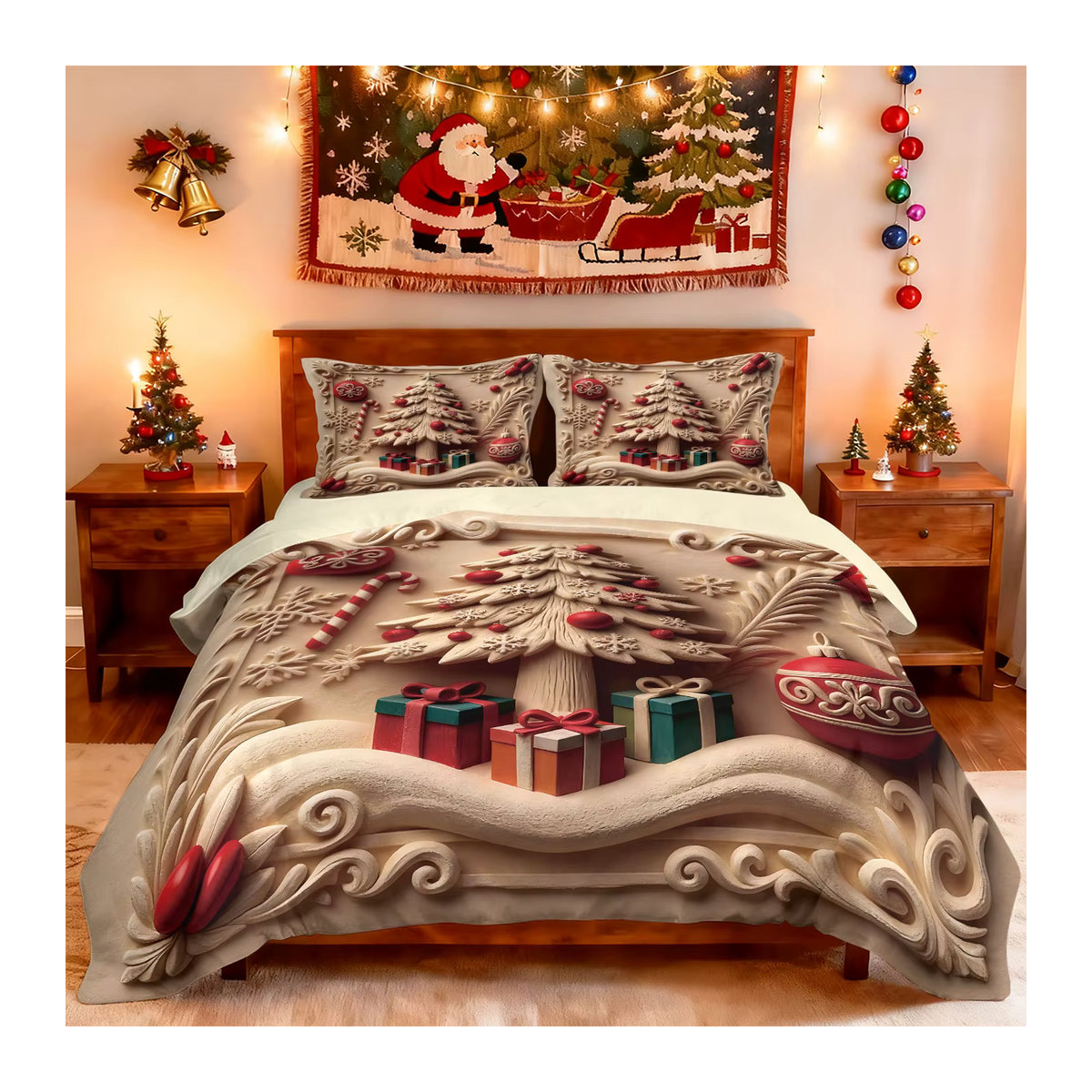 3er-Set Frohe Weihnachten Kissen mit Haus-Print in Beige für dein Schlafzimmer oder Wohnzimmer - Bild 5