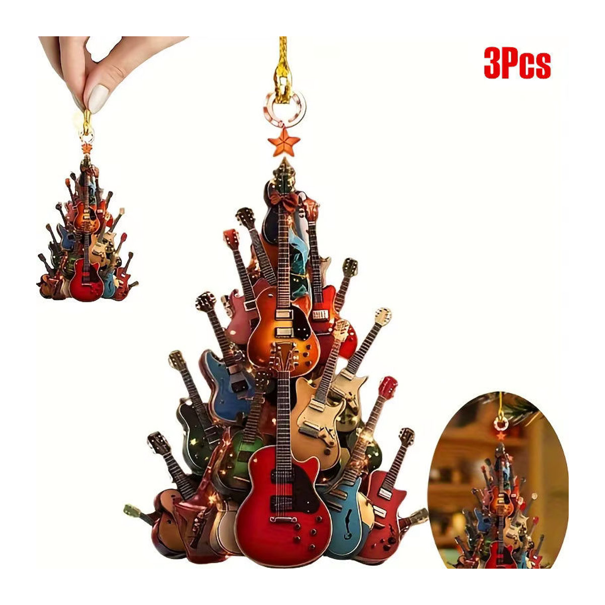3er-Set Gitarre Hängeornamente aus Kunststoff für den Weihnachtsbaum, mehrfarbig - Bild 2