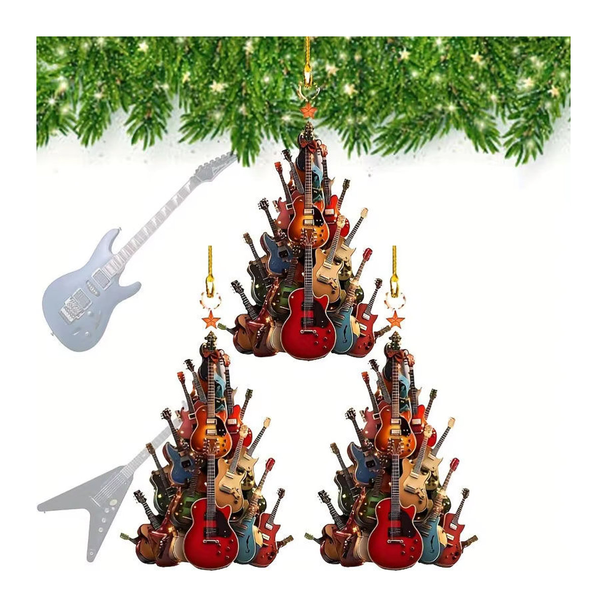 3er-Set Gitarre Hängeornamente aus Kunststoff für den Weihnachtsbaum, mehrfarbig - Bild 3