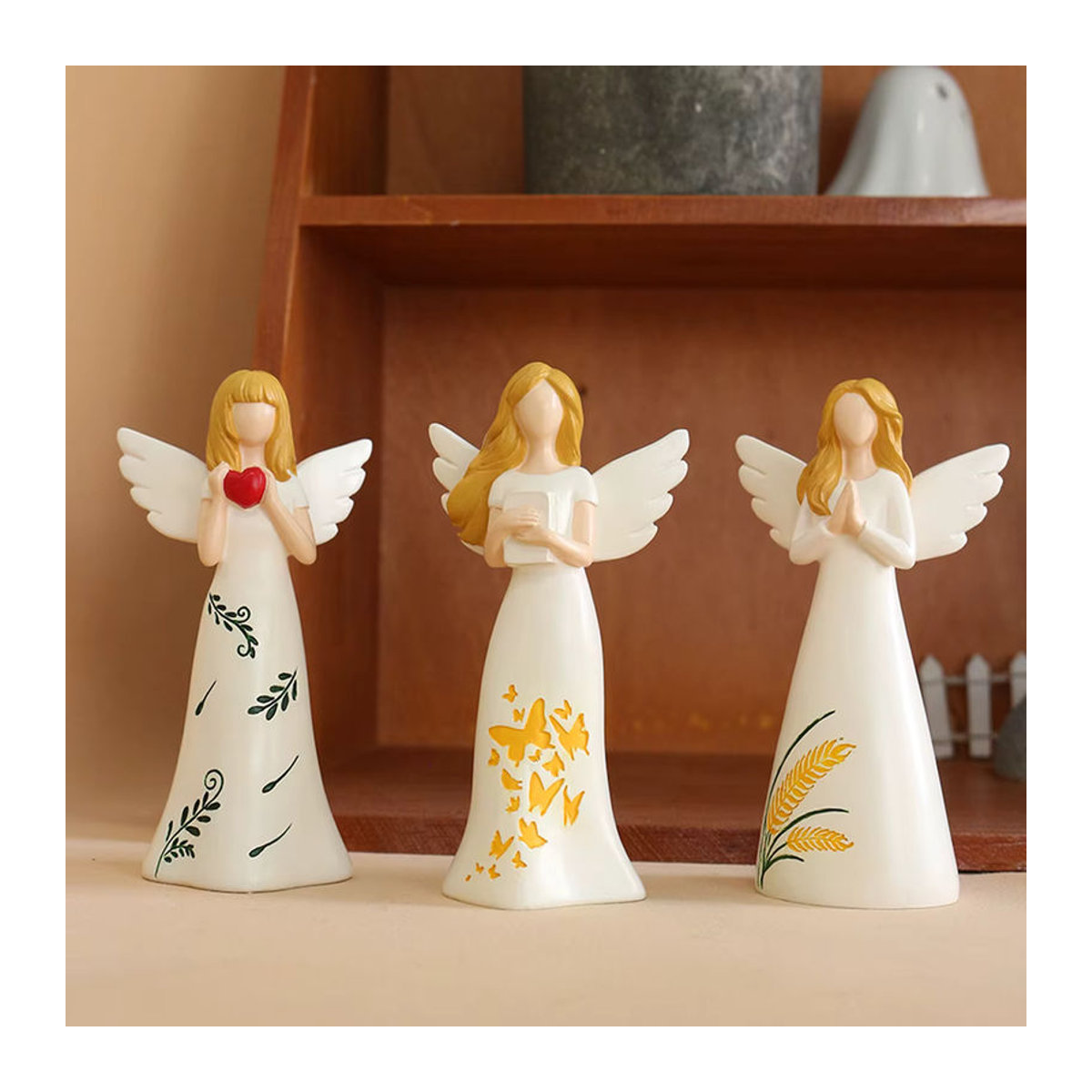 3er-Set handbemalte Engel-Figuren aus Kunstharz in Weiß und Mehrfarbig als kreative Heimdekoration - Bild 3