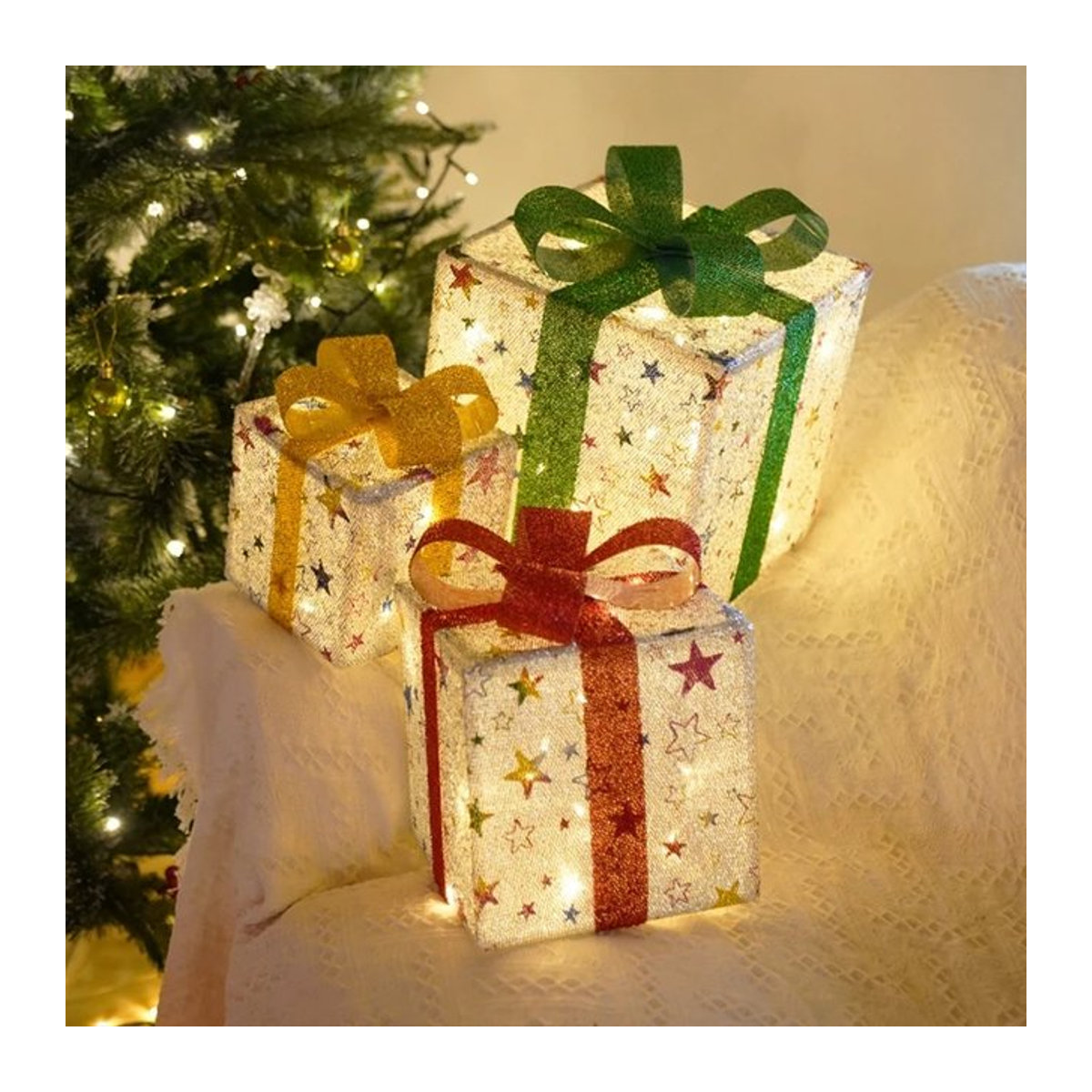 3er Set LED Geschenkboxen mit Elch, Sternen und Schneeflocken, wasserdichte Weihnachtsdekoration mit Batteriebetrieb - Bild 1