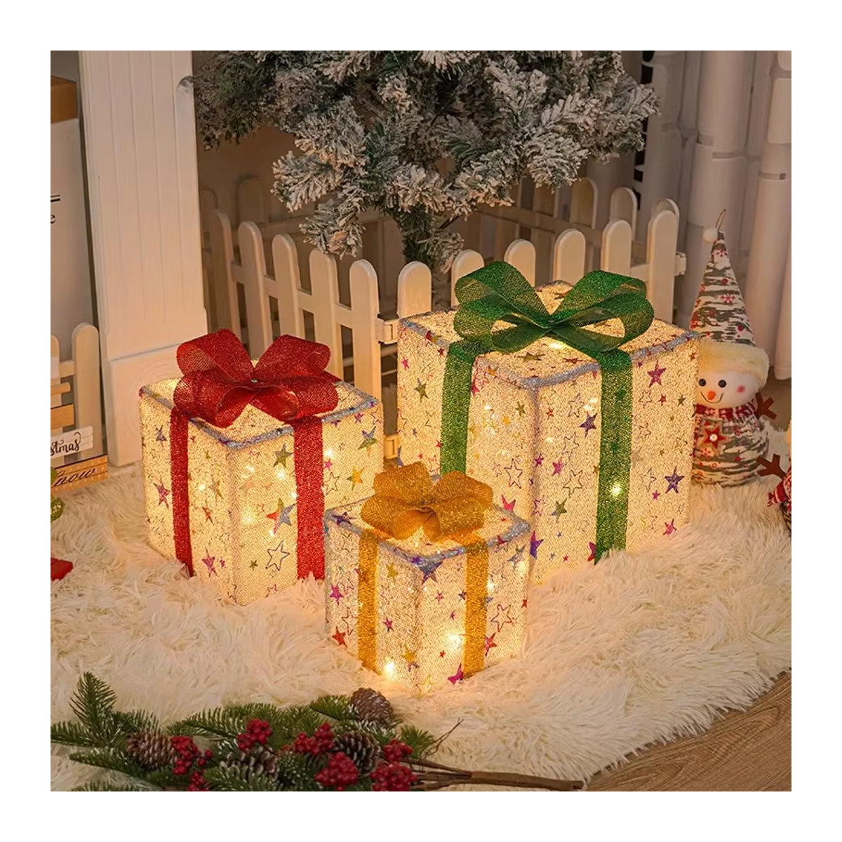 3er Set LED Geschenkboxen mit Elch, Sternen und Schneeflocken, wasserdichte Weihnachtsdekoration mit Batteriebetrieb - Bild 2