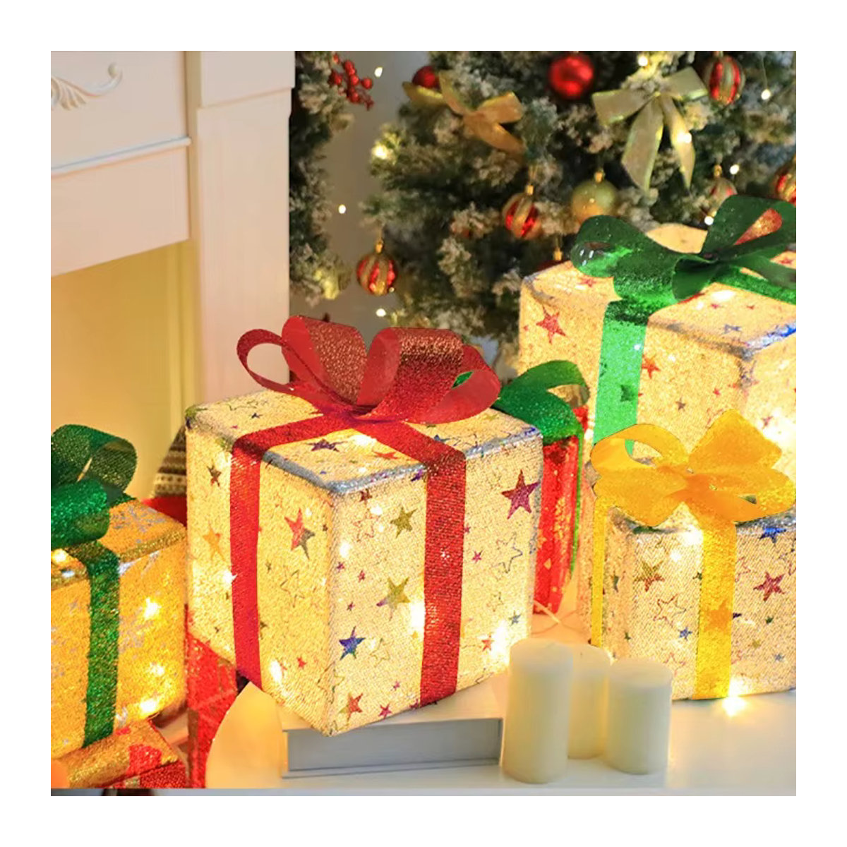 3er Set LED Geschenkboxen mit Elch, Sternen und Schneeflocken, wasserdichte Weihnachtsdekoration mit Batteriebetrieb - Bild 3