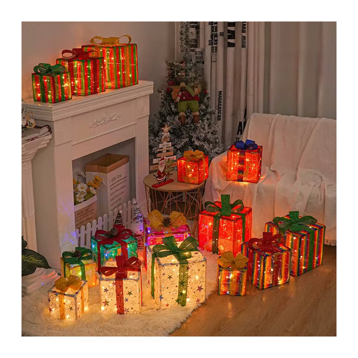 3er Set LED Geschenkboxen mit Elch, Sternen und Schneeflocken, wasserdichte Weihnachtsdekoration mit Batteriebetrieb - Bild 4